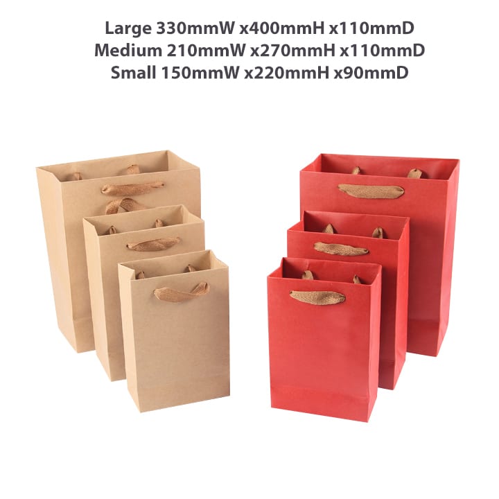A collection of brown and red paper bags with fabric flat handles in various sizes, featuring a logo.