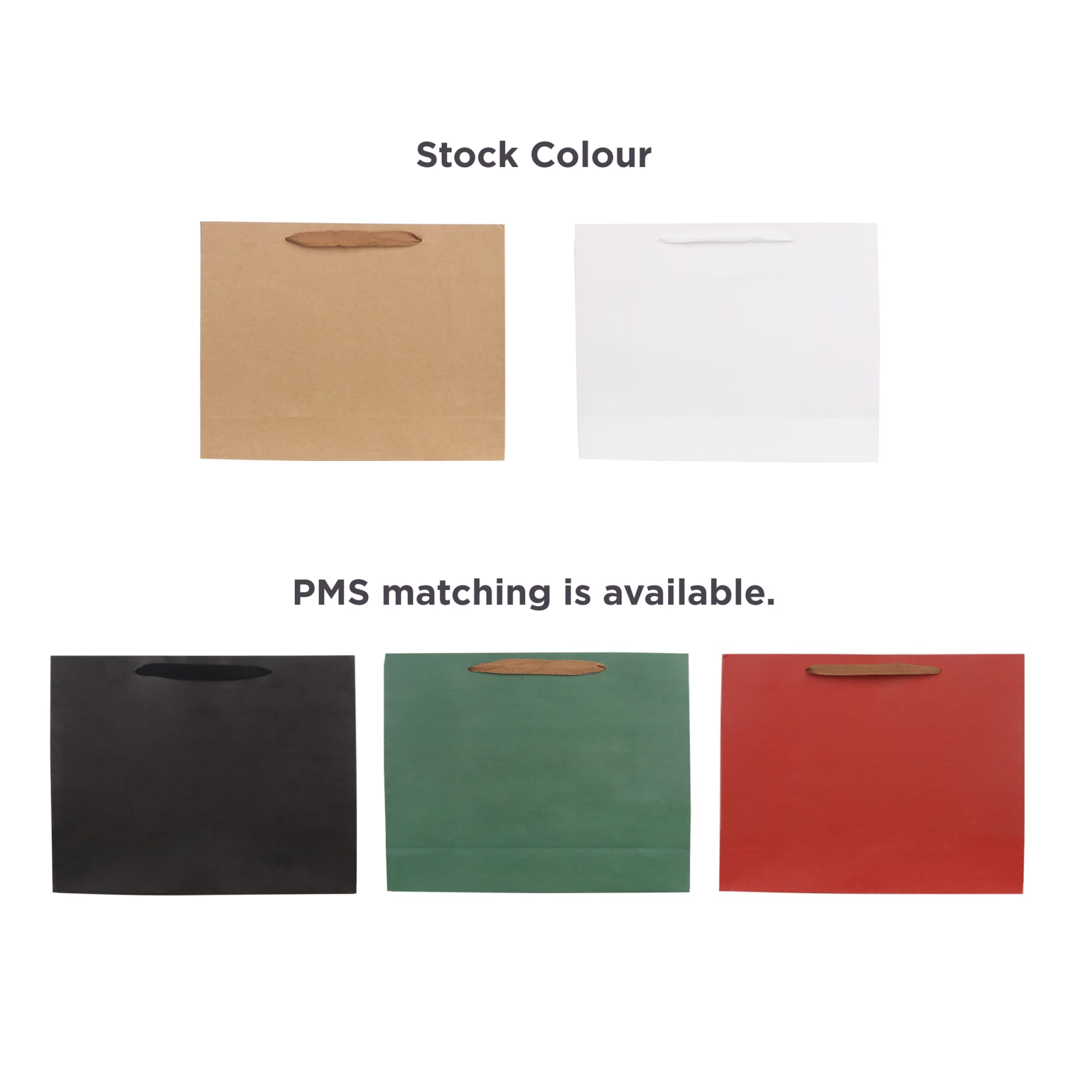 Large crosswise paper bags in brown, white, black, green, and red with fabric flat handles. Features a logo.