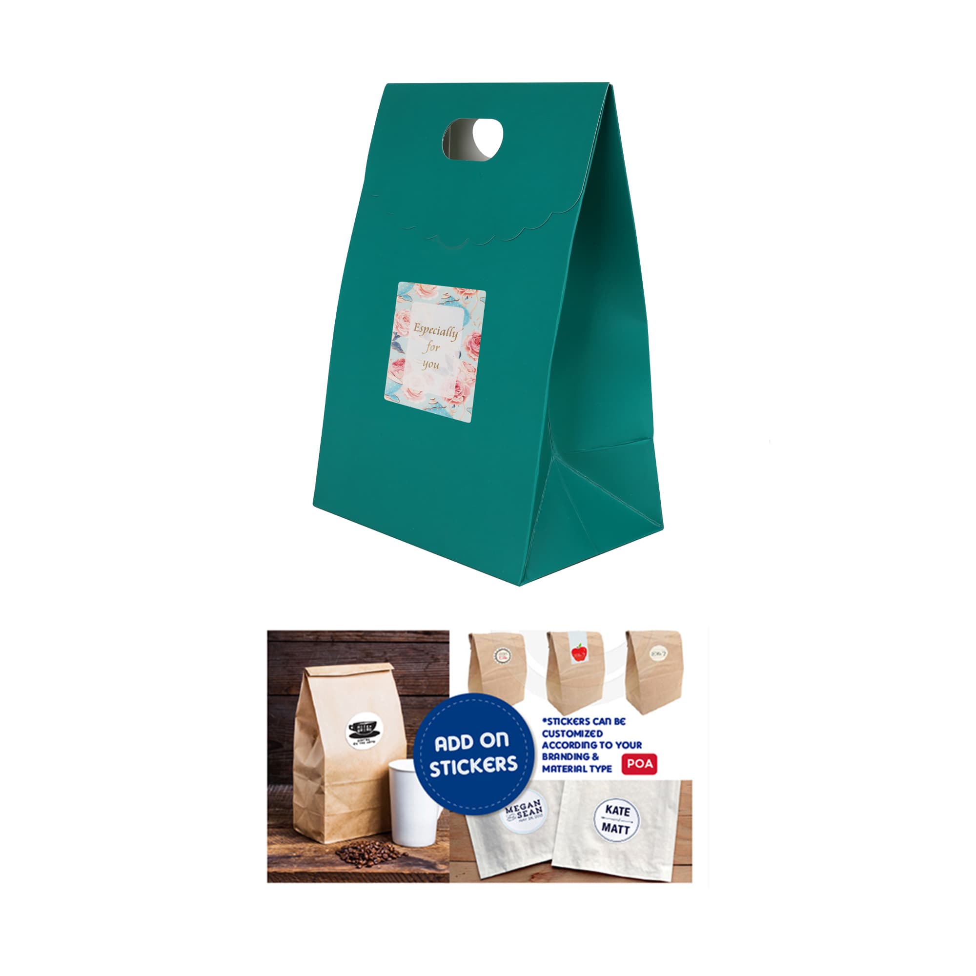 A teal die cut handle bag with a flap, featuring a decorative label and a logo on the front.