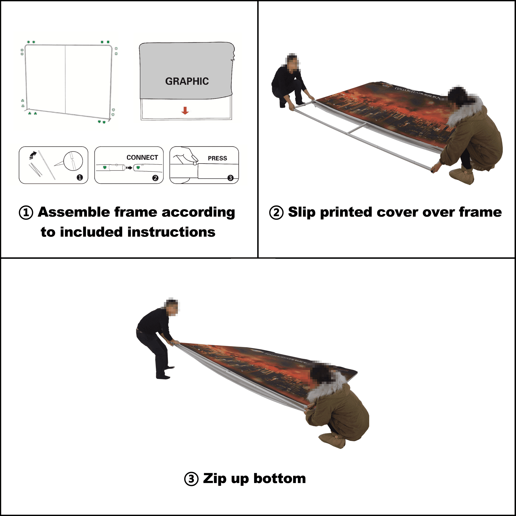 A straight tension fabric display wall with a vibrant design, shown being assembled and positioned by two people.
