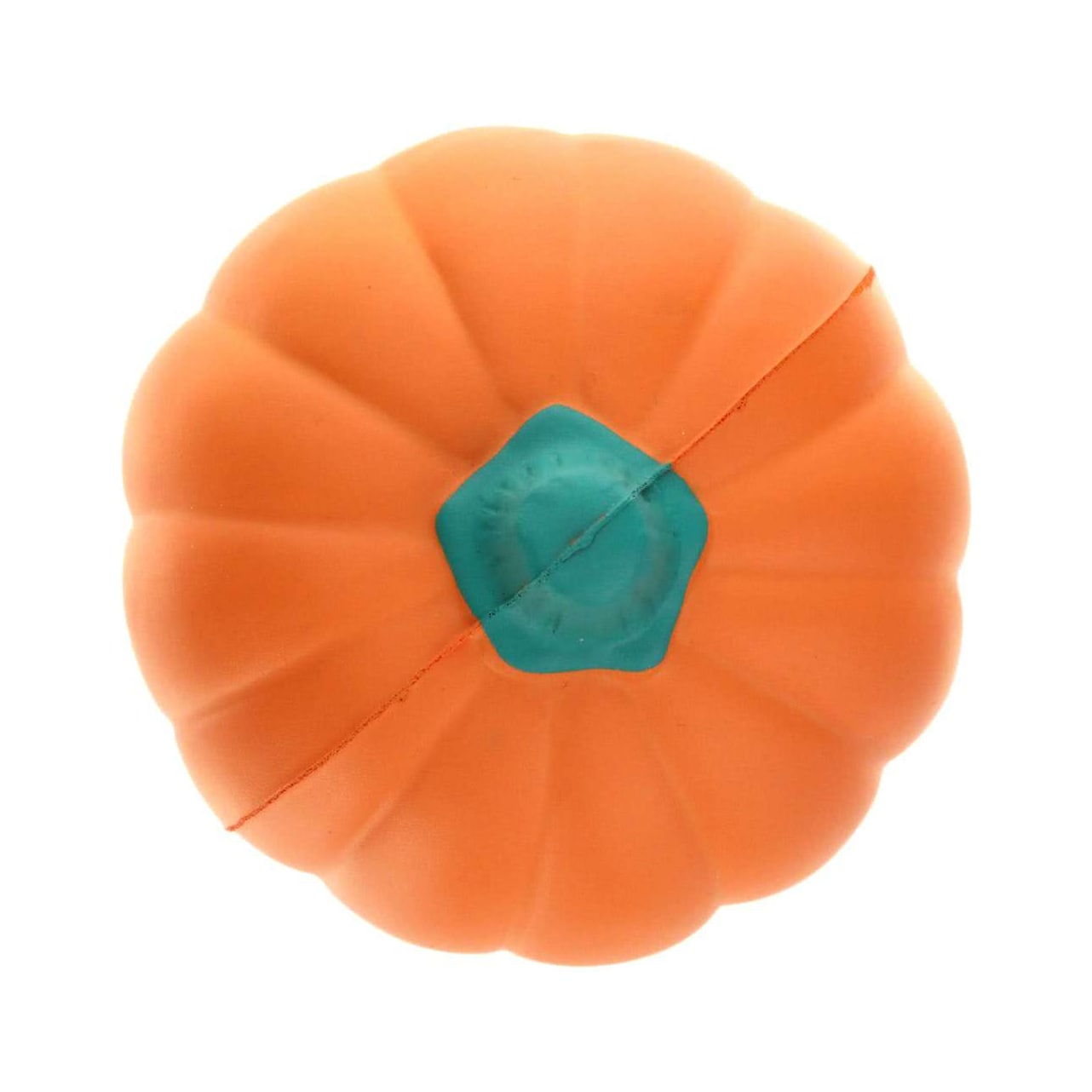 An orange pumpkin-shaped stress reliever with a teal stem, designed for fun and relaxation.