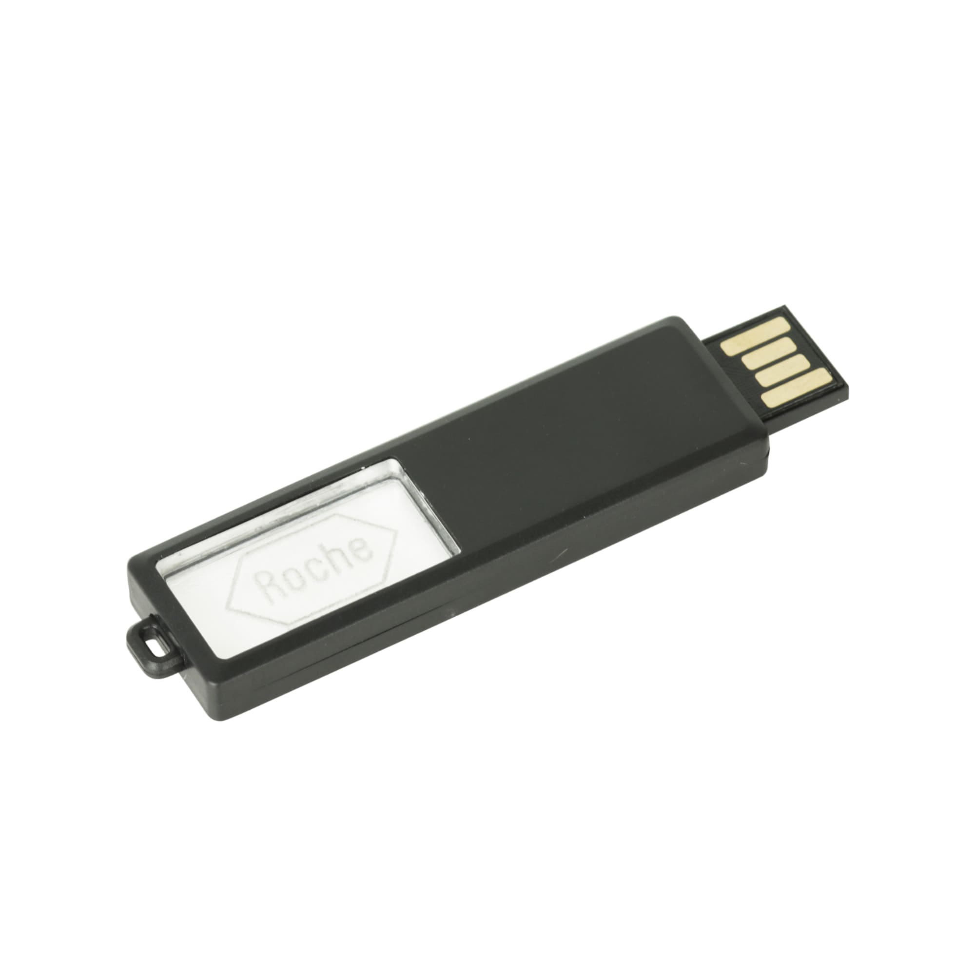 A sliding acrylic flash drive in black with a clear section and a logo.