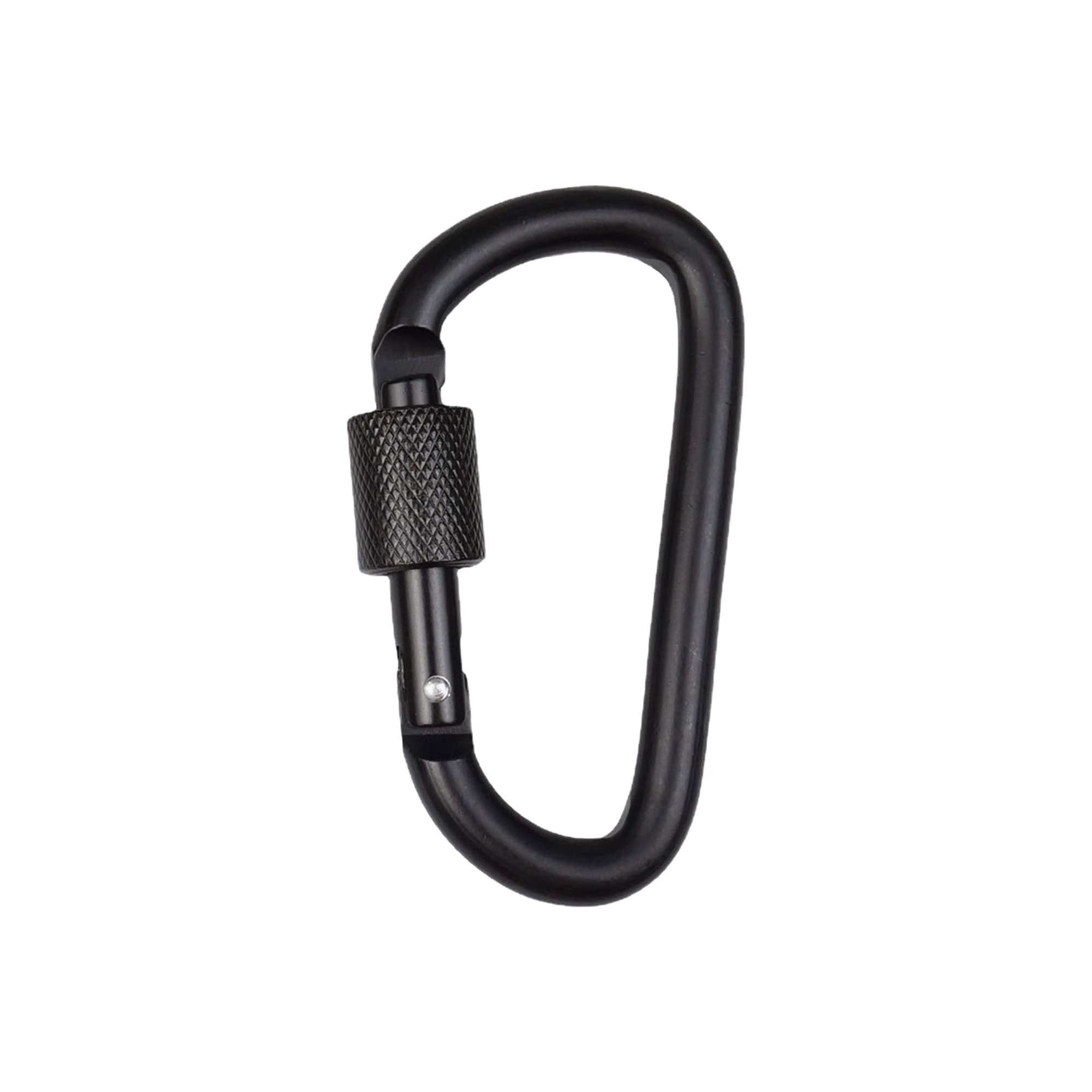 A black D-shaped screw lock keychain with a textured locking mechanism and a smooth curved body.