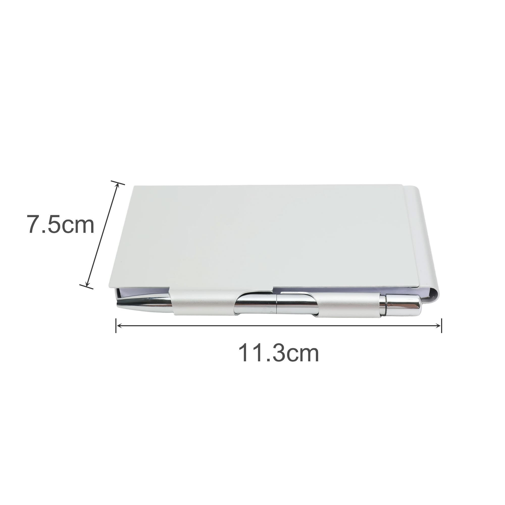 An aluminium pocket notebook in silver with dimensions of 11.3 cm by 7.5 cm, featuring a pen.