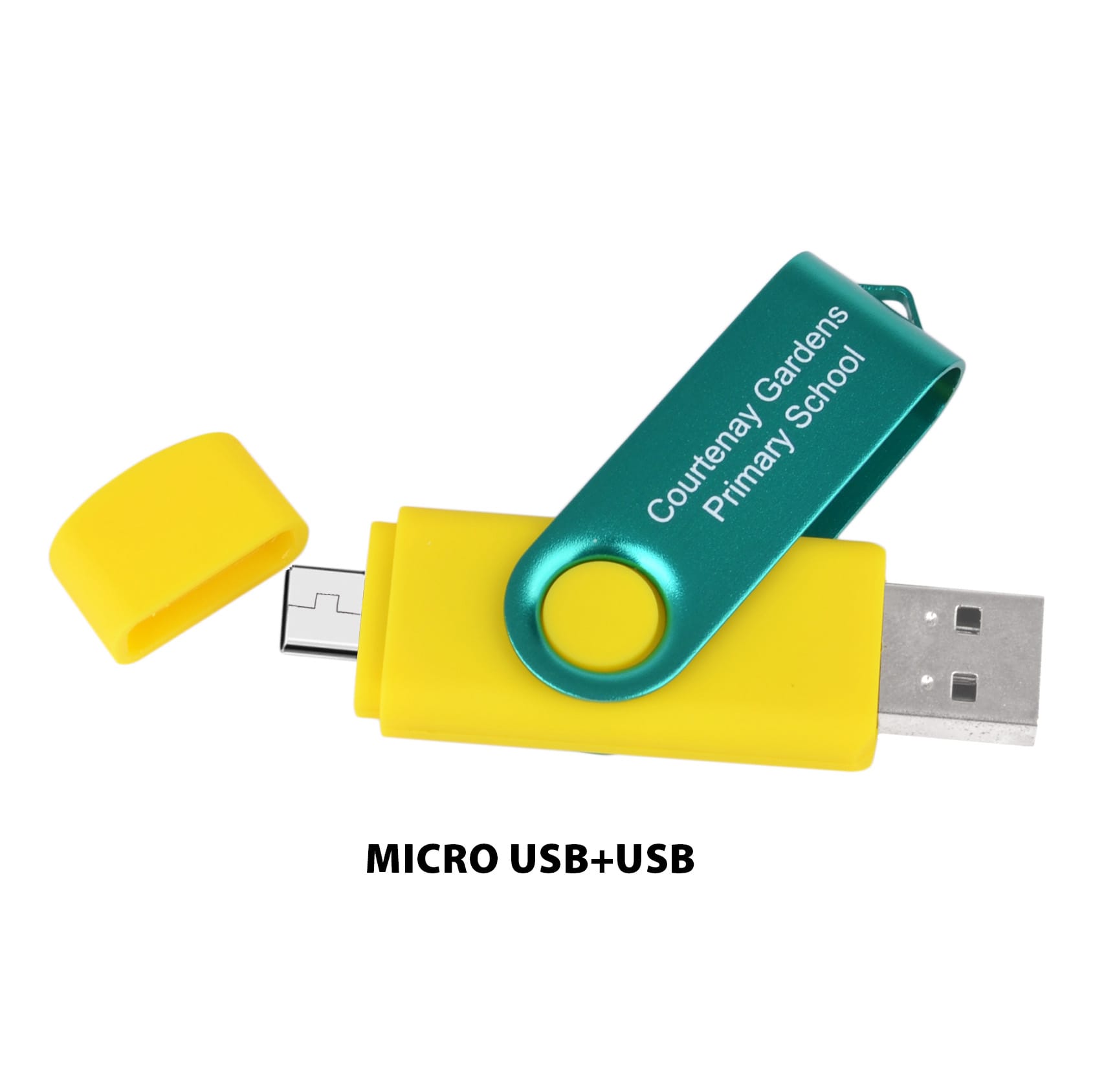 A double-ended micro USB flash drive in yellow and teal, featuring a protective cap and a logo.