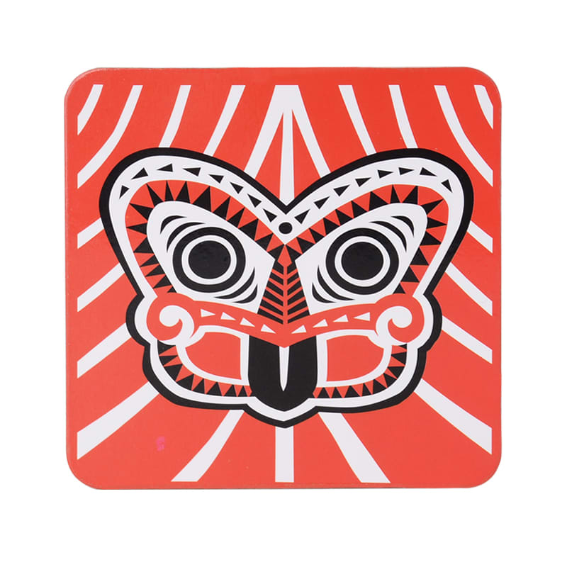 A decorative cork coaster featuring a vibrant red background with a black and white tribal butterfly design.
