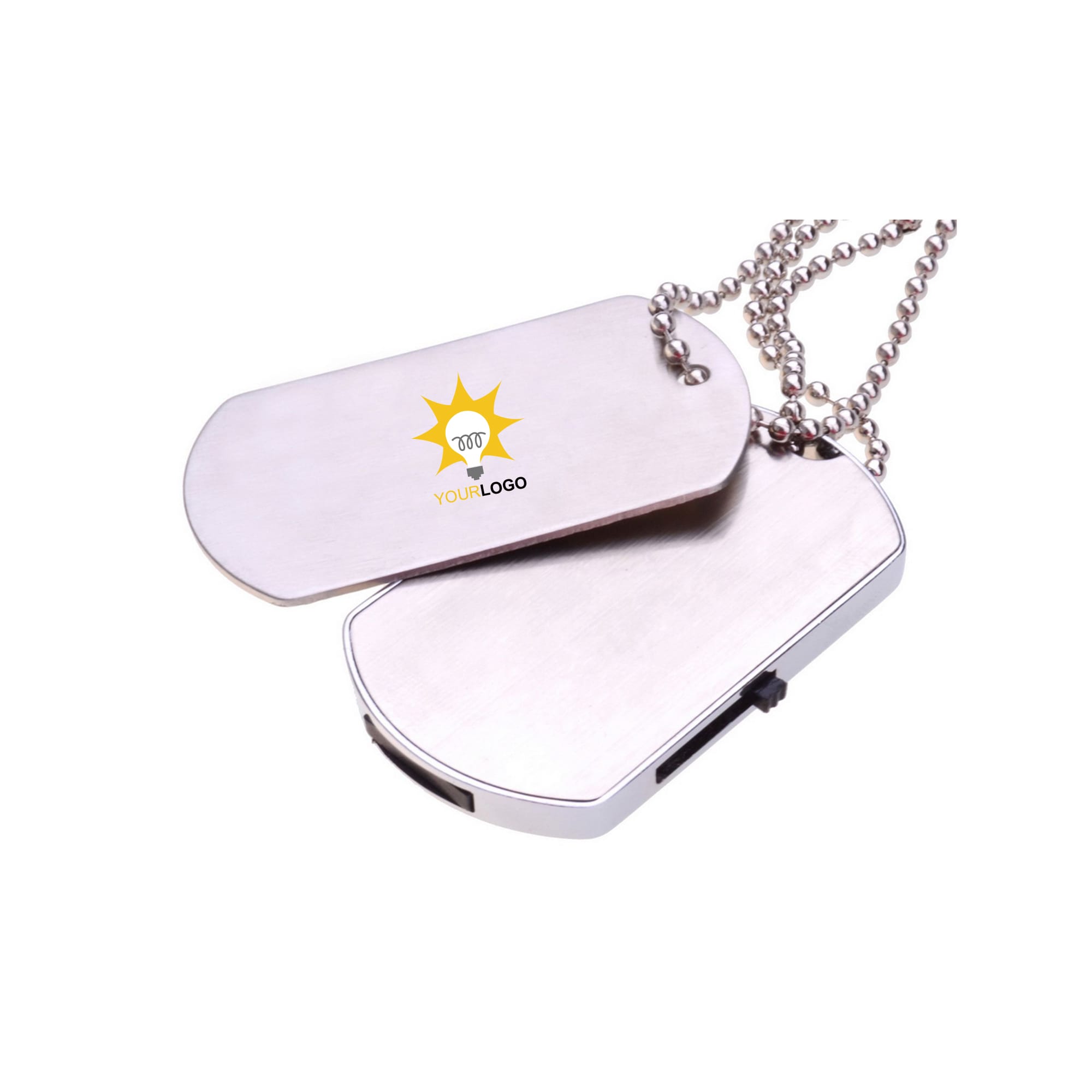 A silver dog tag flash drive with a chain, featuring a logo on one side and a smooth surface on the other.