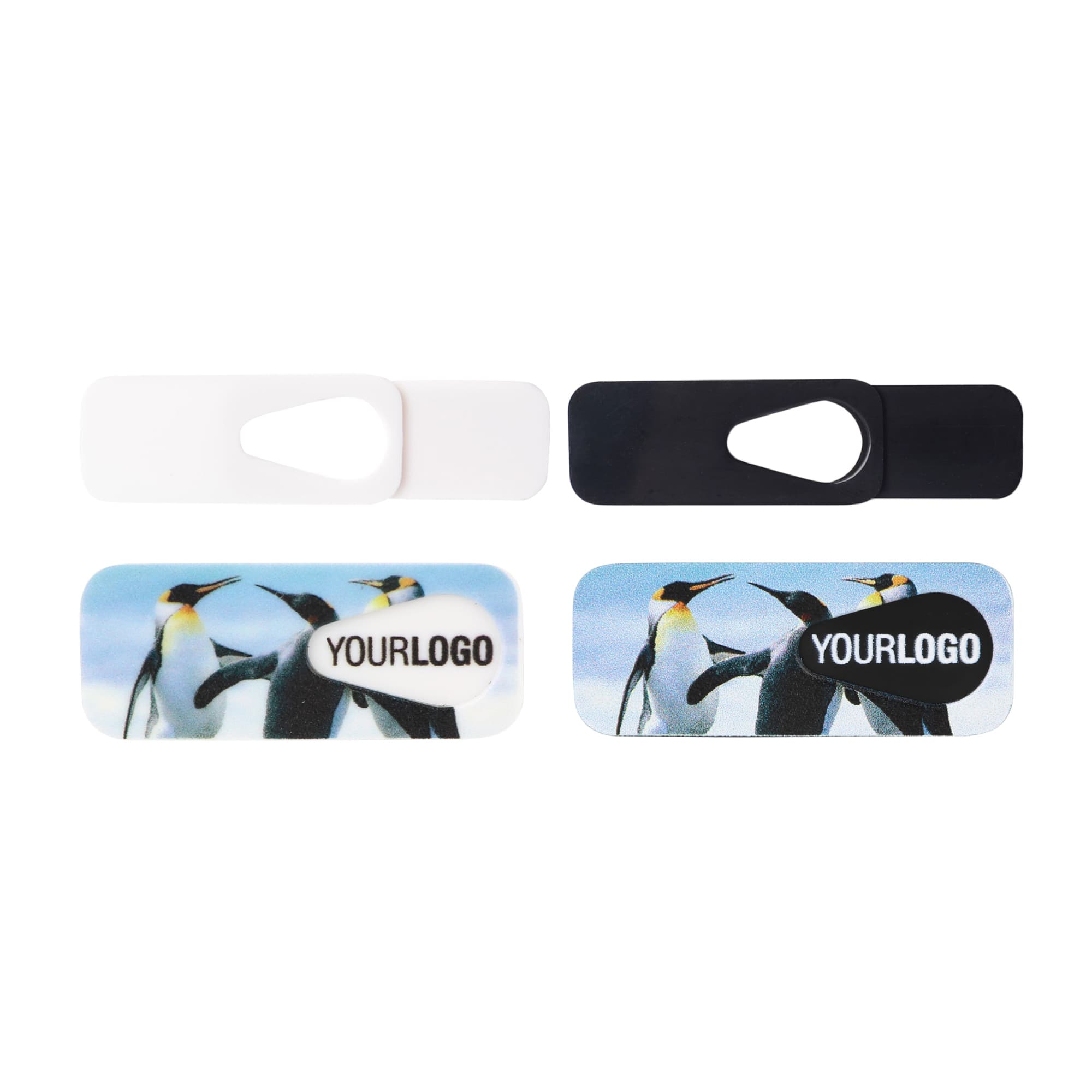 A smart webcam cover set in black and white, featuring a logo on a colourful penguin design.