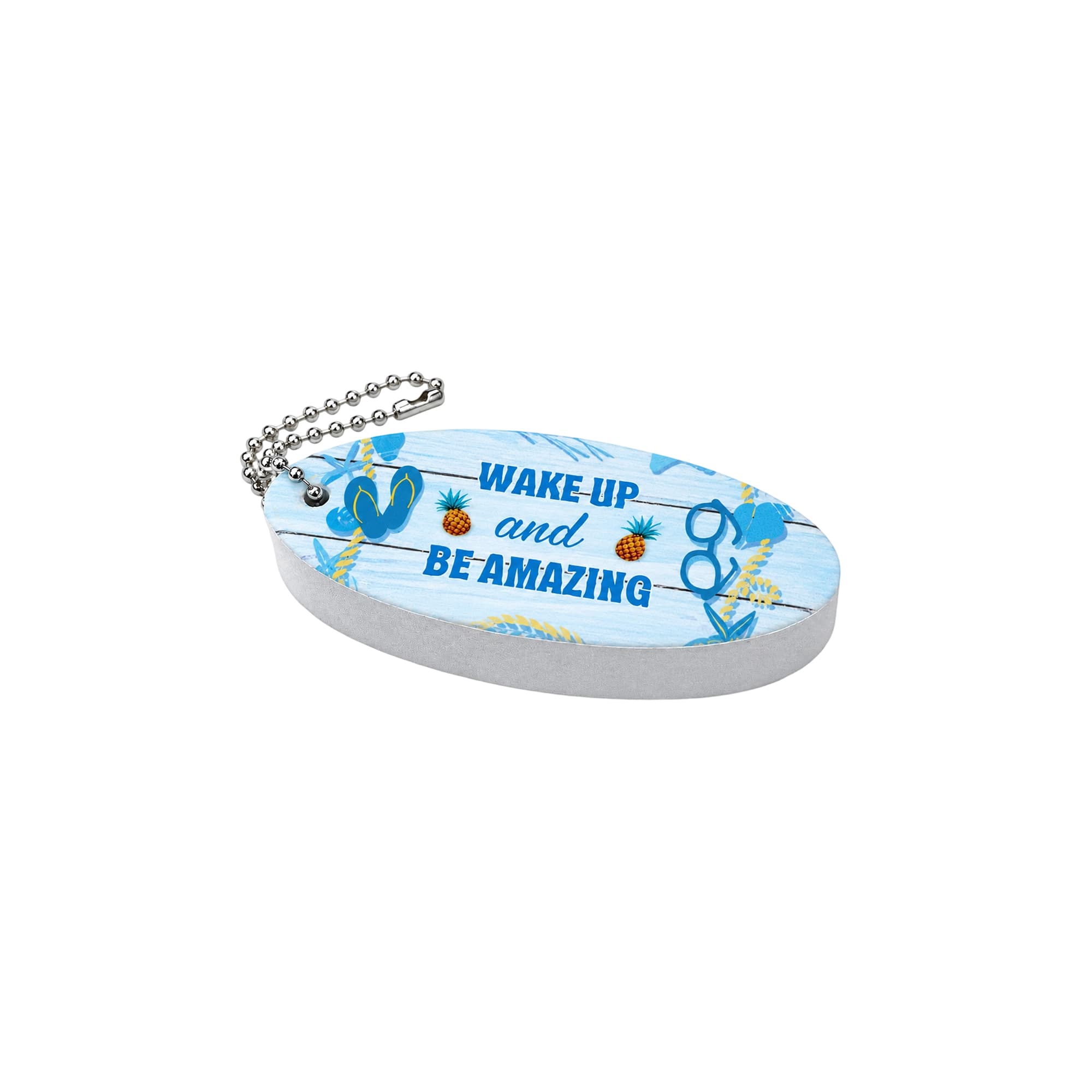 An oval, blue EVA floating keychain featuring floral designs and a ball chain. It has a colourful, decorative pattern.