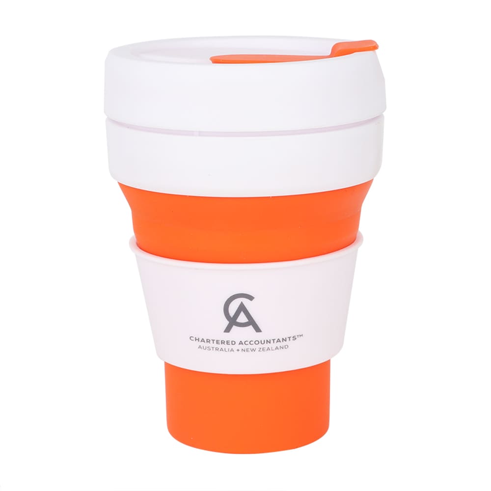 A reusable coffee cup in orange and white, featuring a logo, designed for collapsibility and convenience.
