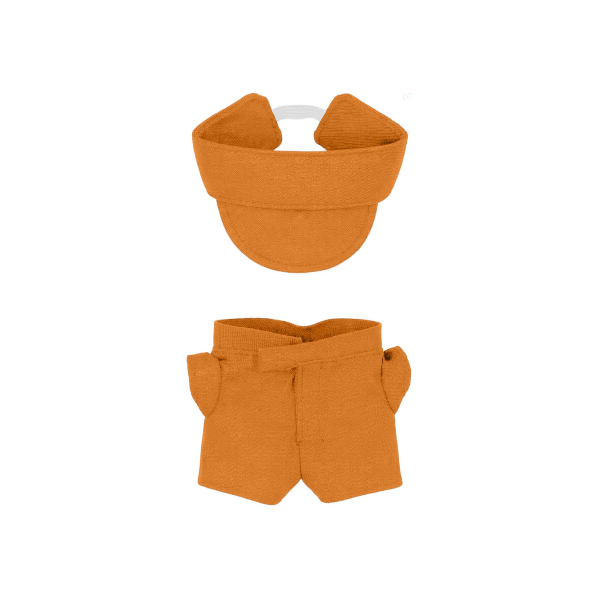 An orange plush doll racing suit set featuring a cap and shorts, designed for a 10cm doll.