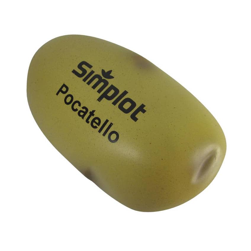 A yellow potato-shaped stress reliever with a smooth surface and a branding logo.