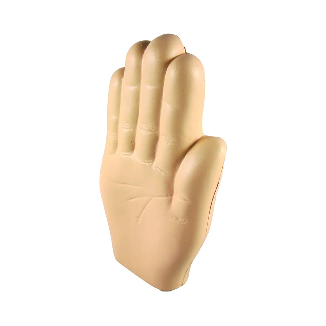 A palm-shaped stress reliever in a beige colour, resembling a hand. Features a smooth texture and includes a logo.
