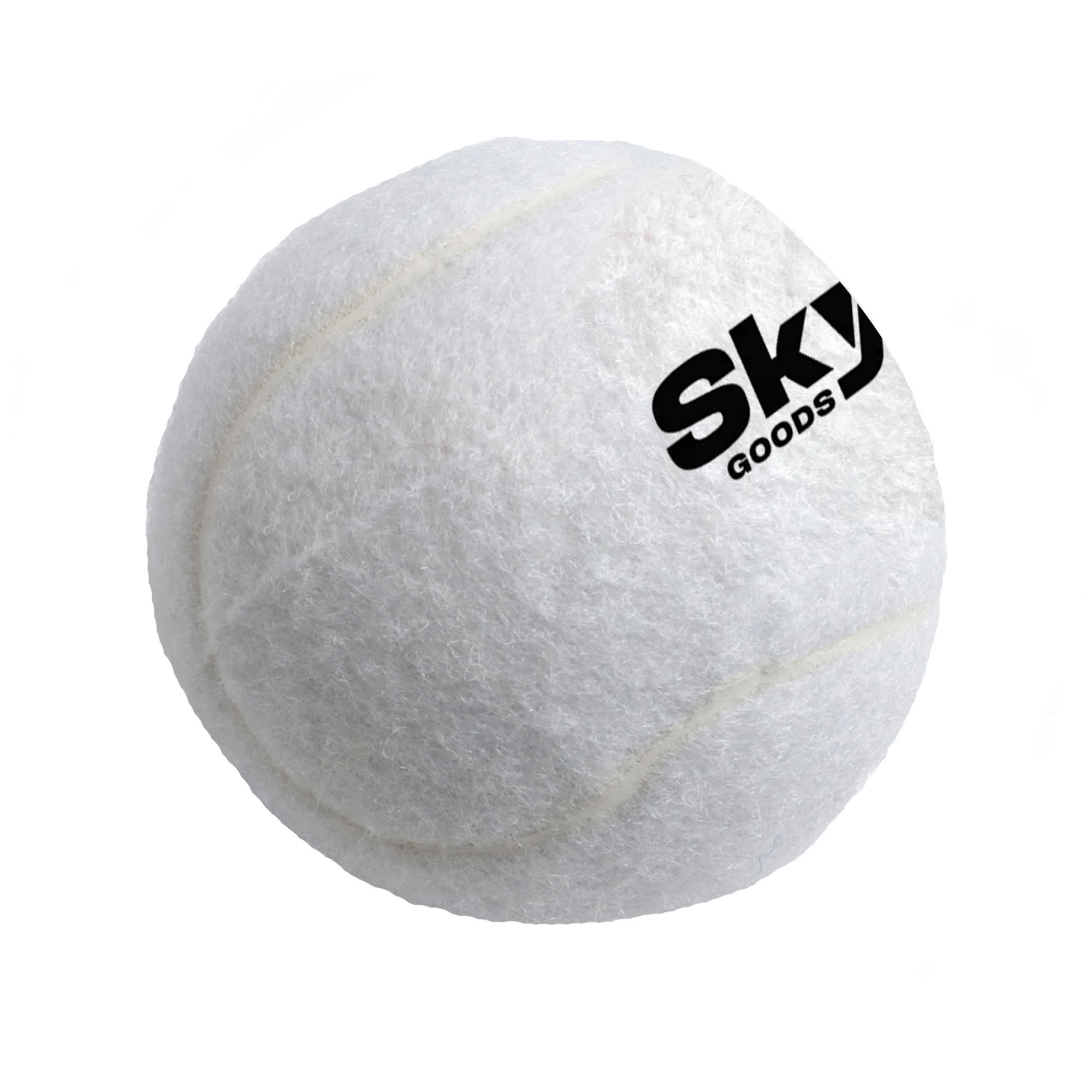 A white pet tennis ball with a textured surface and a logo on one side.