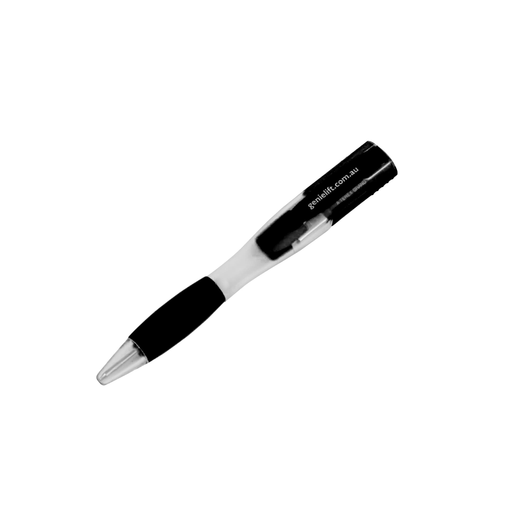 A black and clear ballpoint pen with a flash drive integrated into the design, featuring a logo.