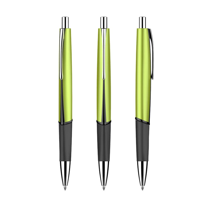 Three plastic pens with a vibrant green barrel and black grips, featuring silver accents and a clip.