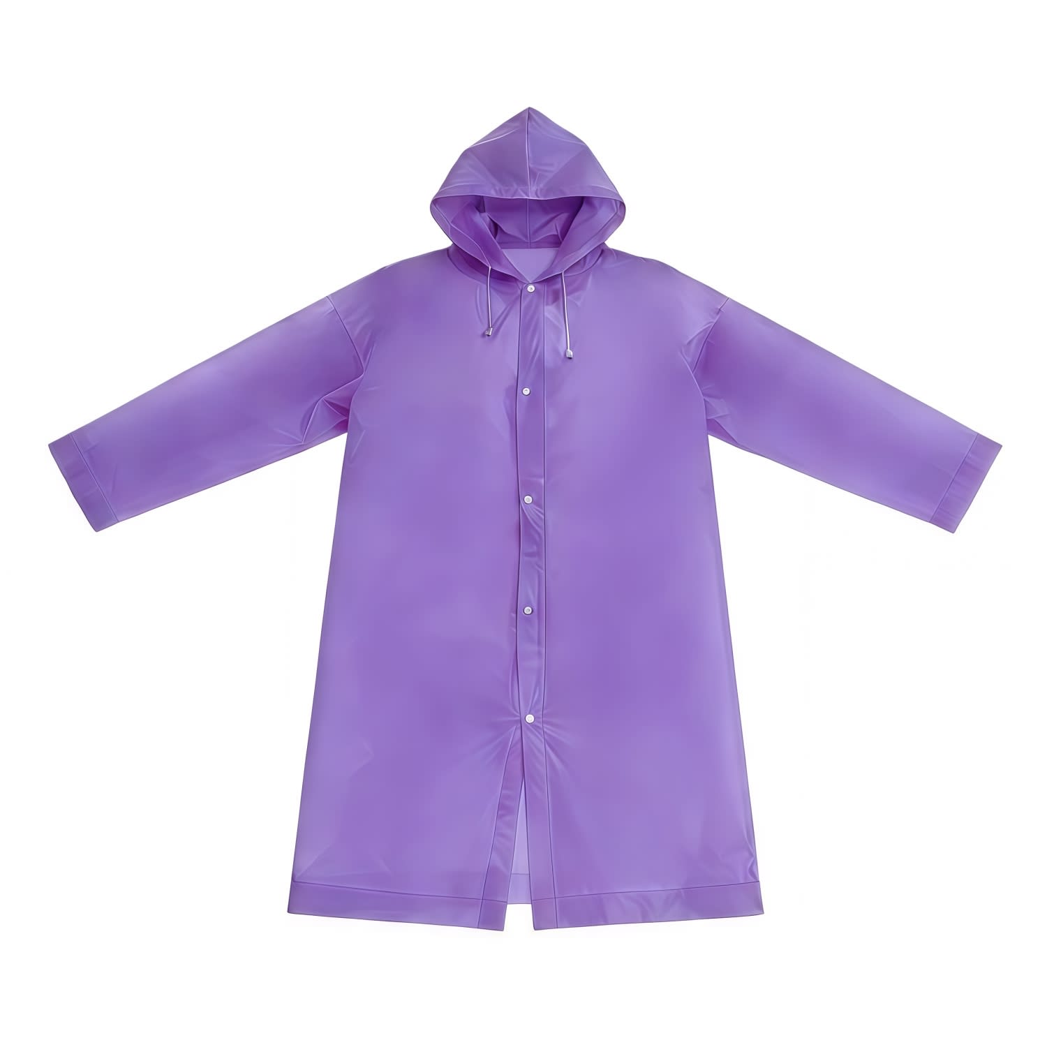 A purple reusable PEVA raincoat with a hood, featuring a button front and long sleeves. It has a logo on it.