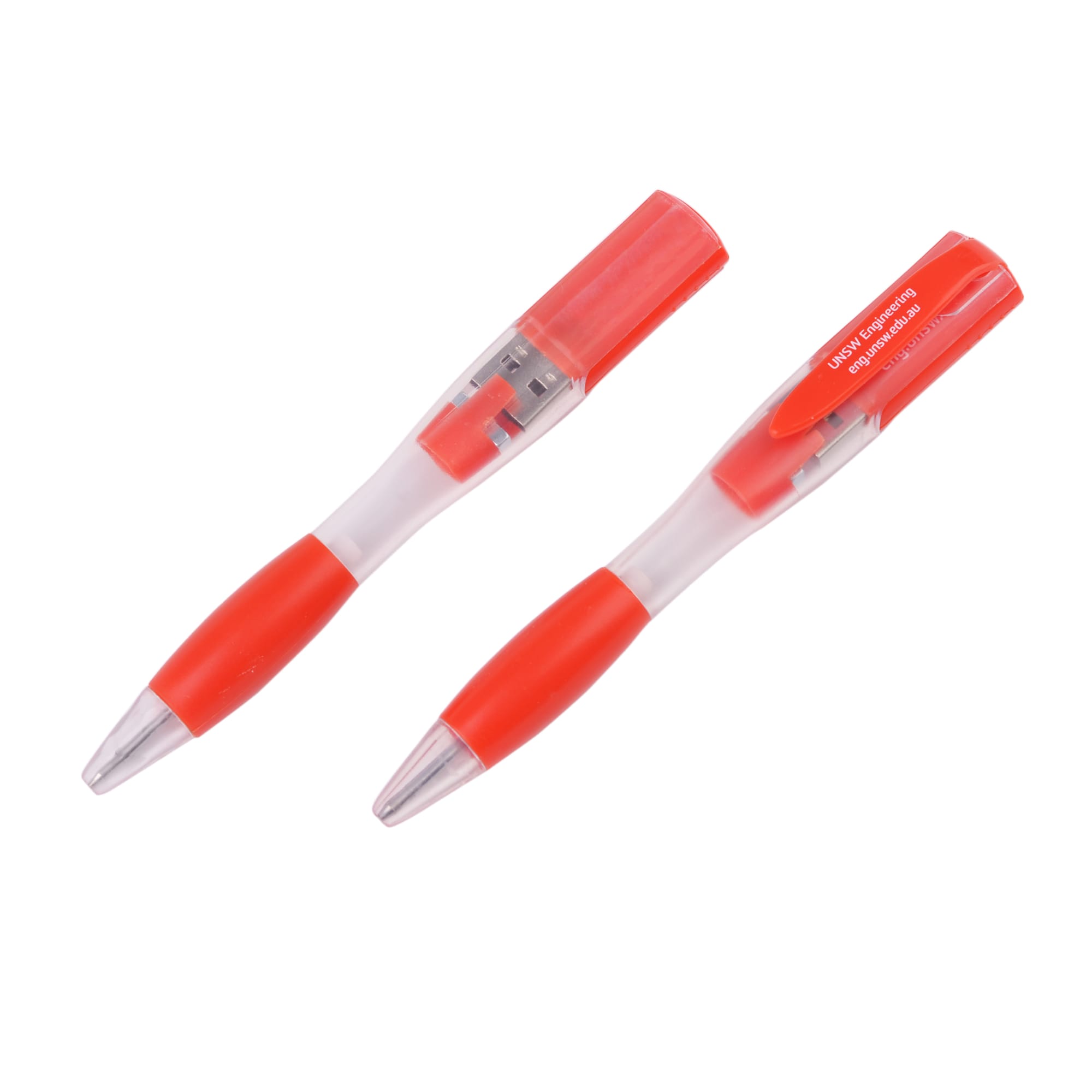 A ballpoint pen flash drive in a clear and red design, featuring a branding logo.