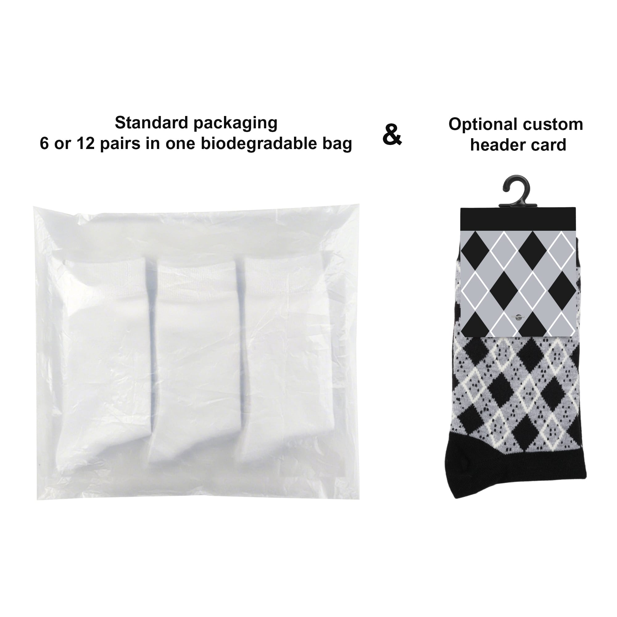 A package of custom pattern woven bamboo socks with a black and grey argyle design, featuring biodegradable packaging.