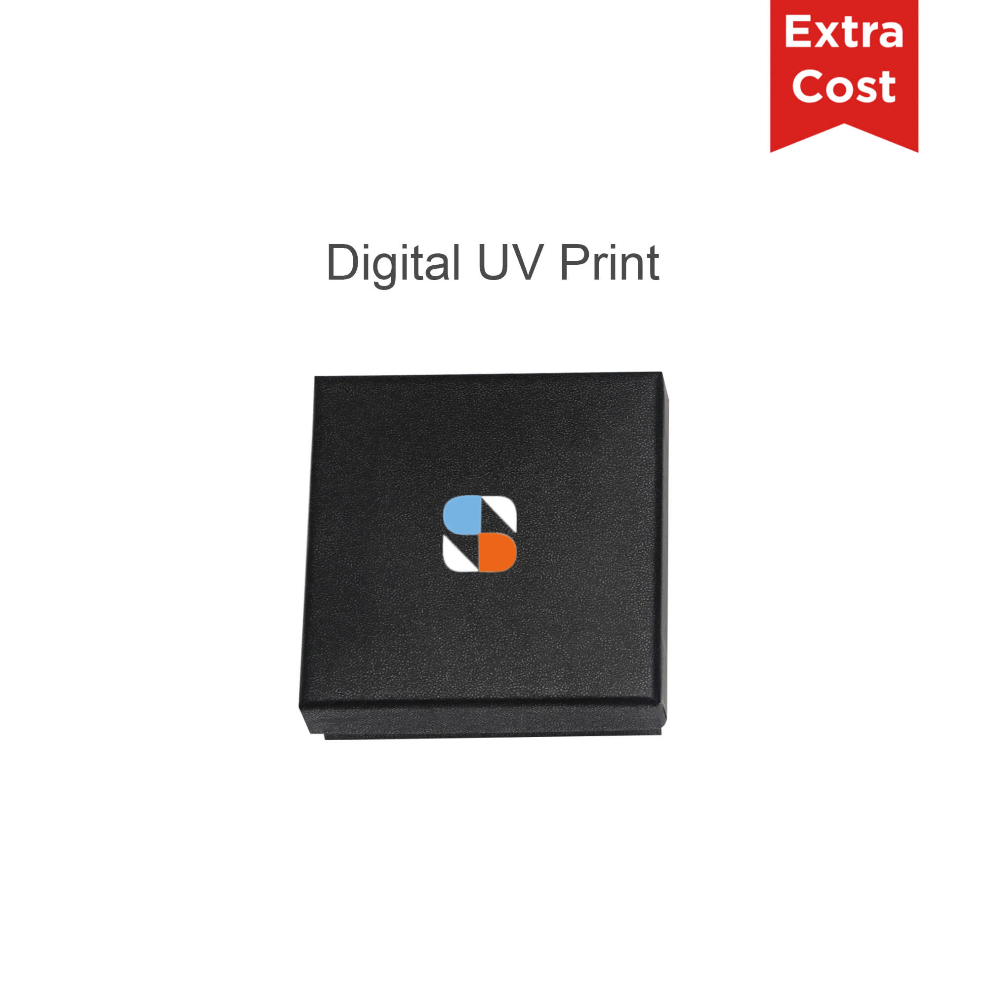 A black box featuring a logo on the top, with a simple design suitable for digital UV printing.