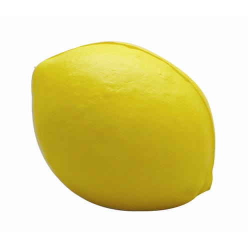 A yellow lemon-shaped stress reliever with a smooth, matte finish. It has a slight curve, resembling a real lemon.
