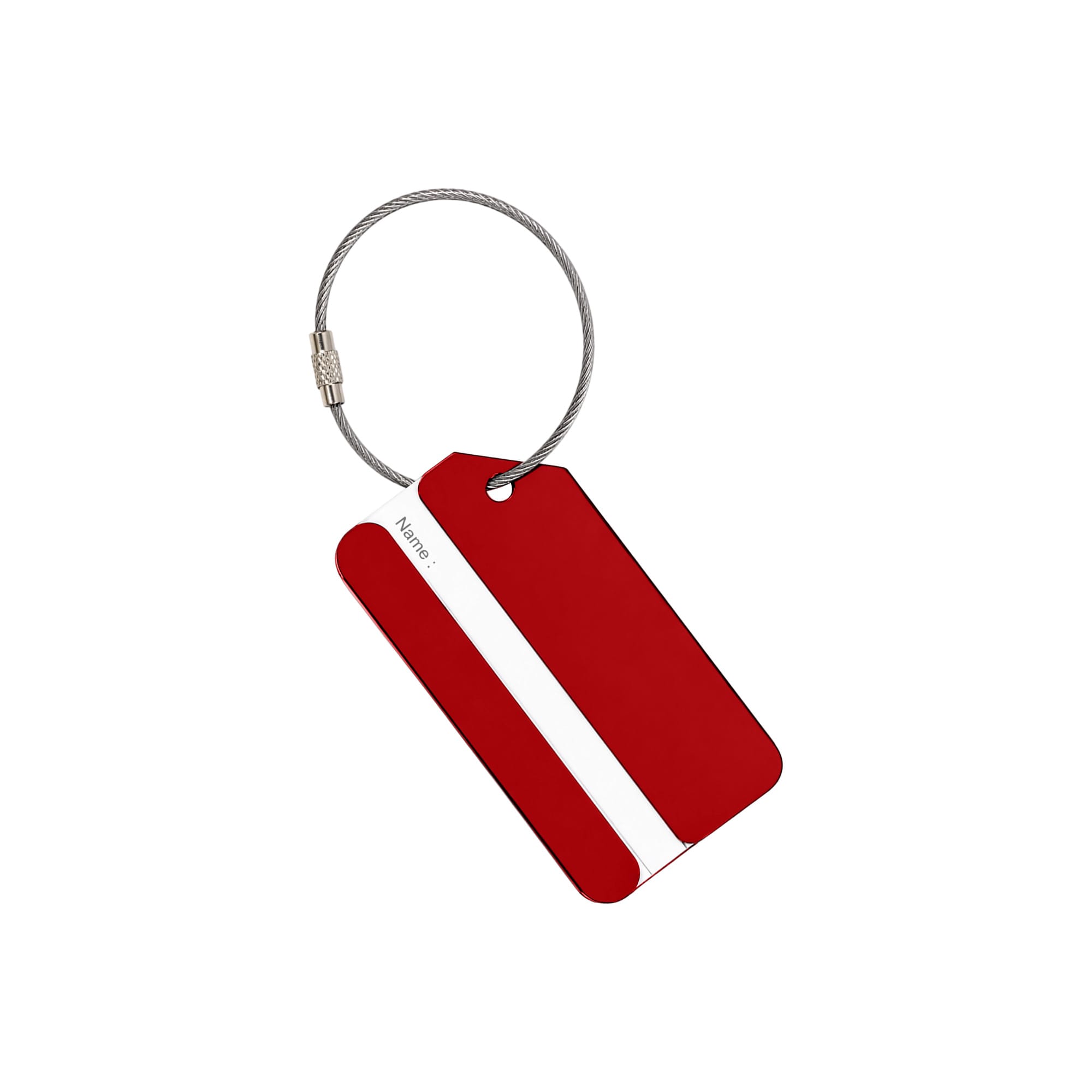 A red square aluminium luggage tag with a silver attachment and a white space for a name.