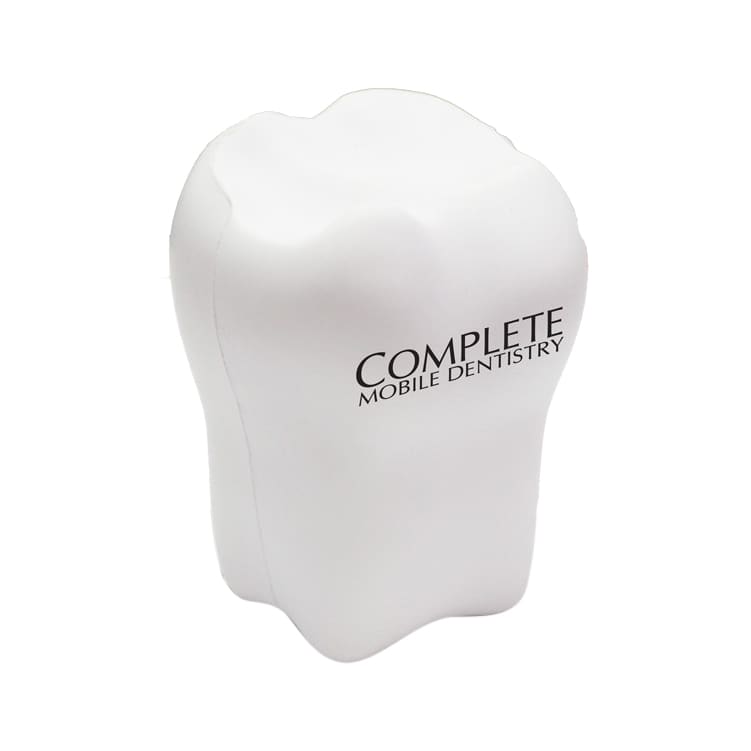 A white tooth-shaped stress reliever with a branding logo, designed as a fun stress keyring.