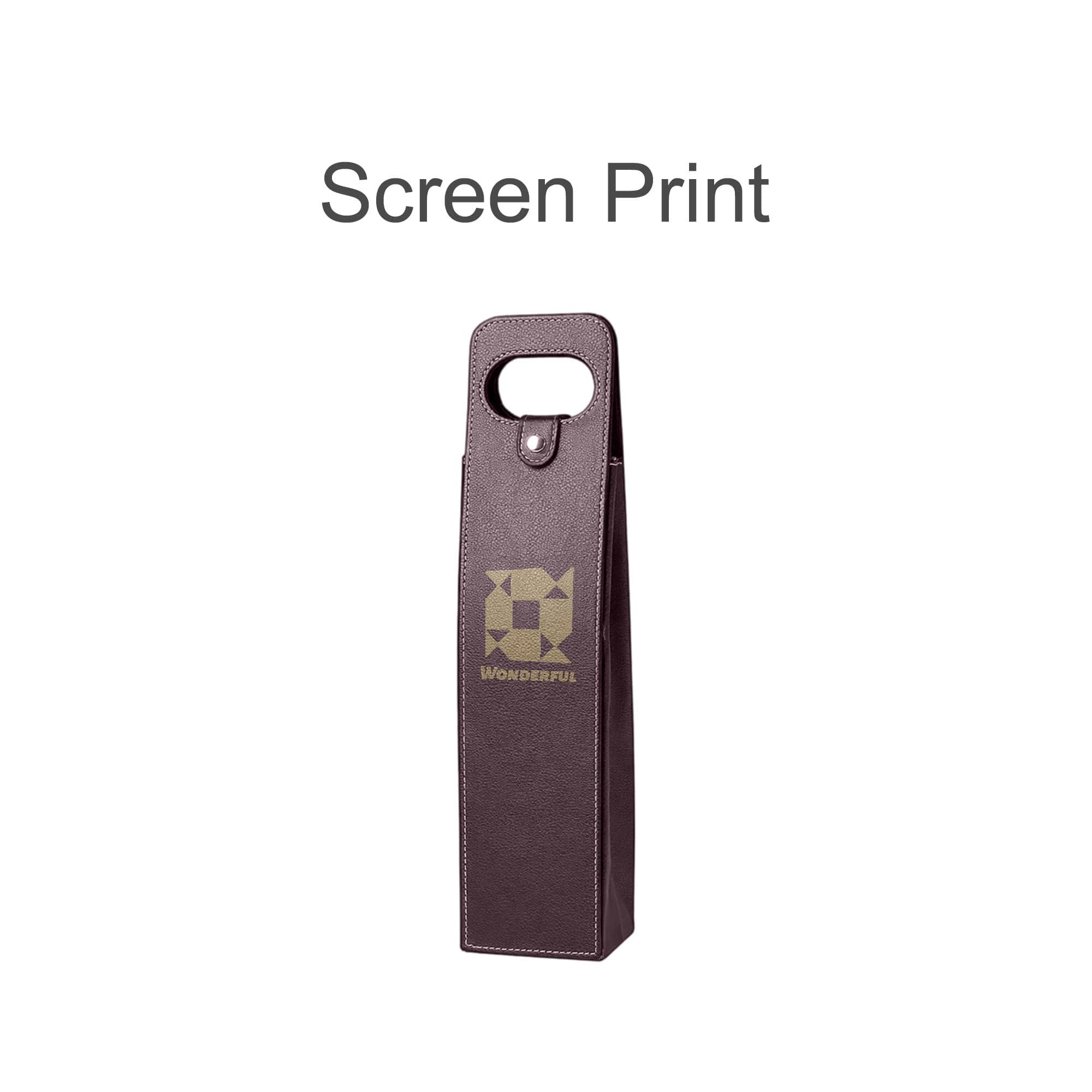 A wine bottle bag in deep purple with a handle and a logo in a lighter colour. Ideal for carrying a single bottle.