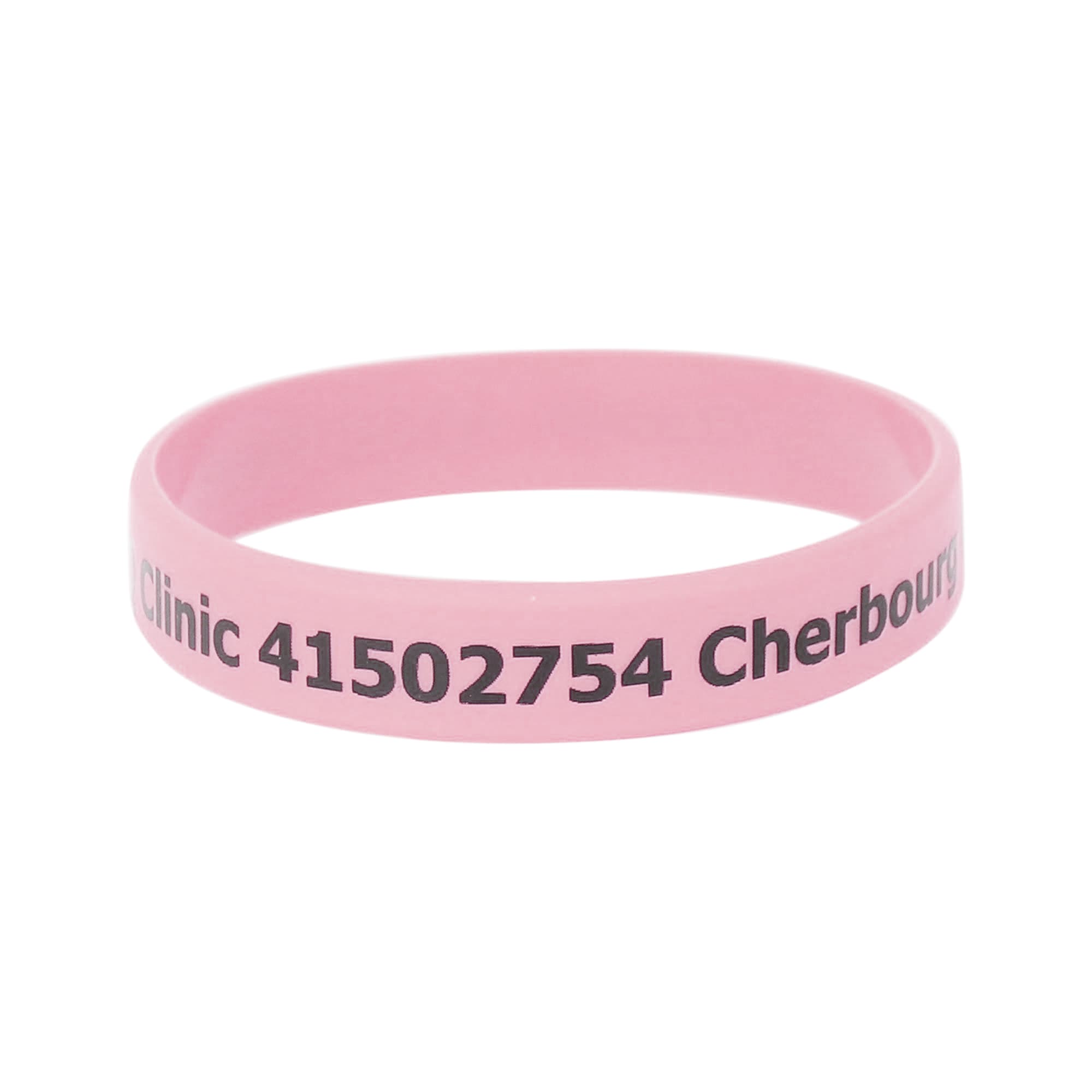 A pink silicone wristband featuring printed text and a logo. Ideal for promotional events or exhibitions.