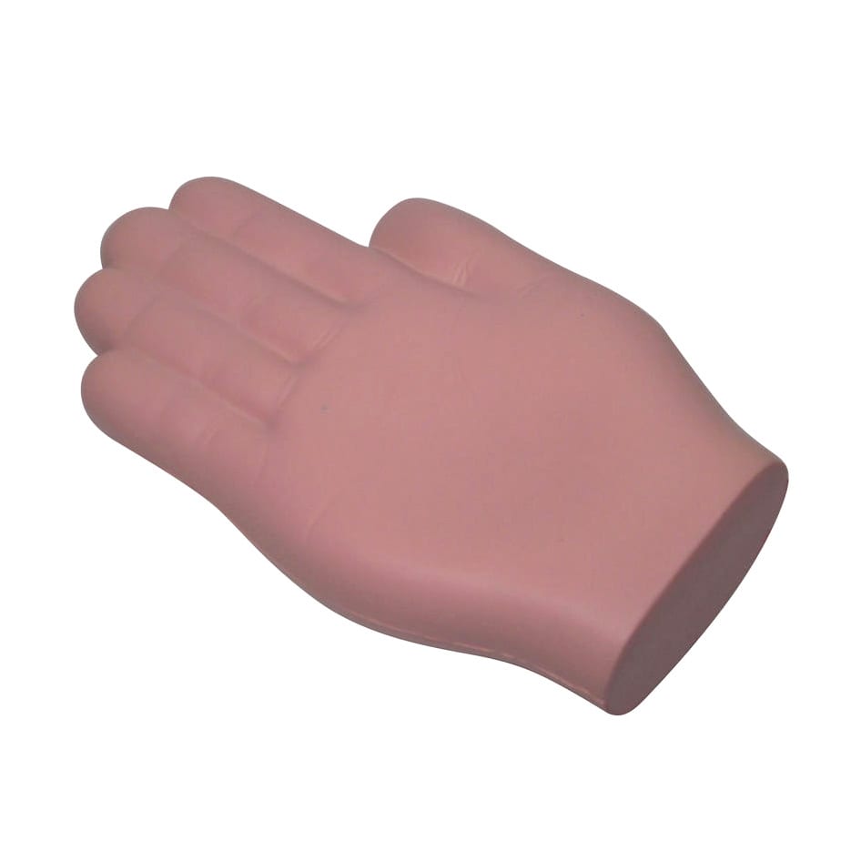 A palm-shaped stress reliever in a soft pink hue, featuring a smooth texture. It has a logo on one side.
