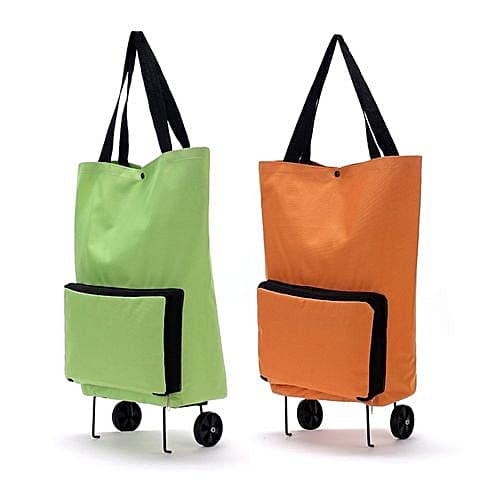 A green and an orange collapsible shopping trolley bag with wheels and black trim. Each bag features a front pocket.