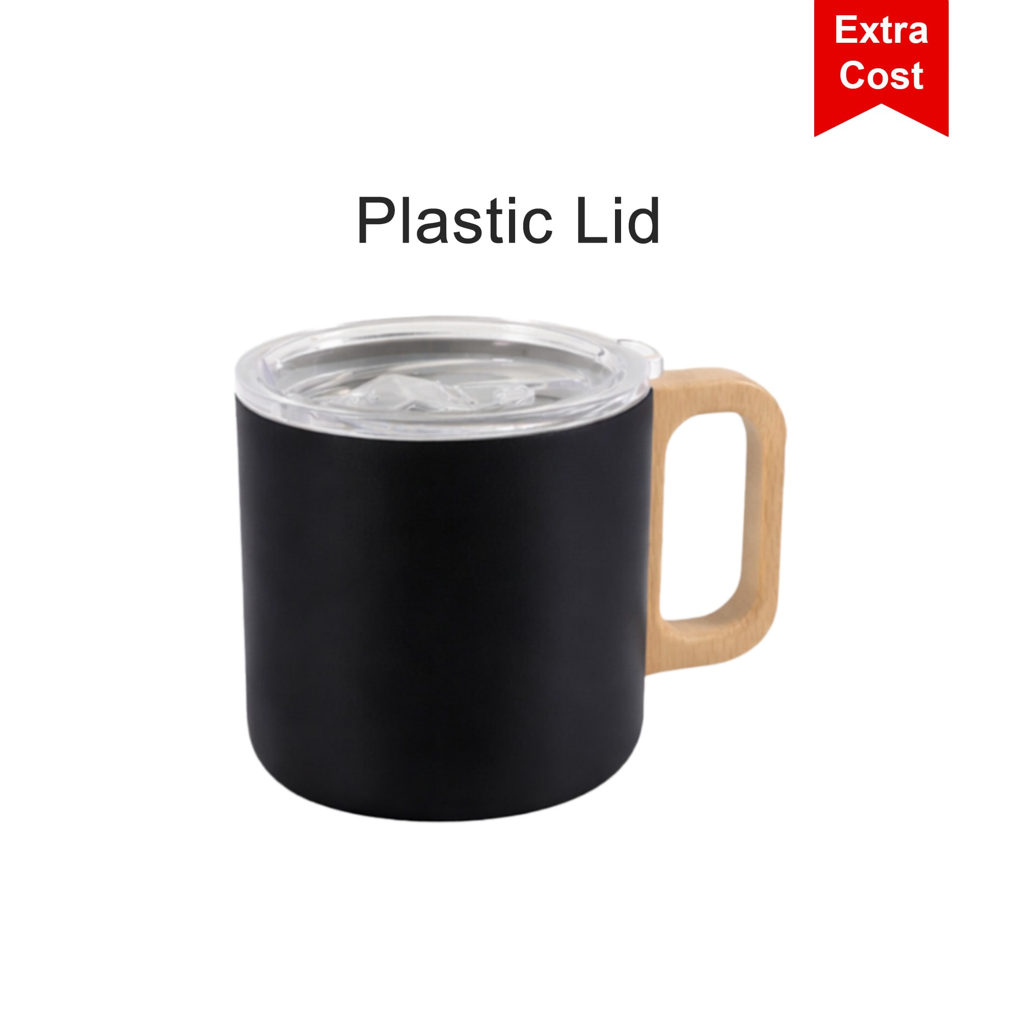 A stainless steel insulated mug in black, featuring a wooden handle and a clear plastic lid.