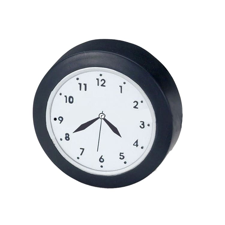 A black and white clock-shaped stress reliever with clock face markings and hands, designed for stress relief.