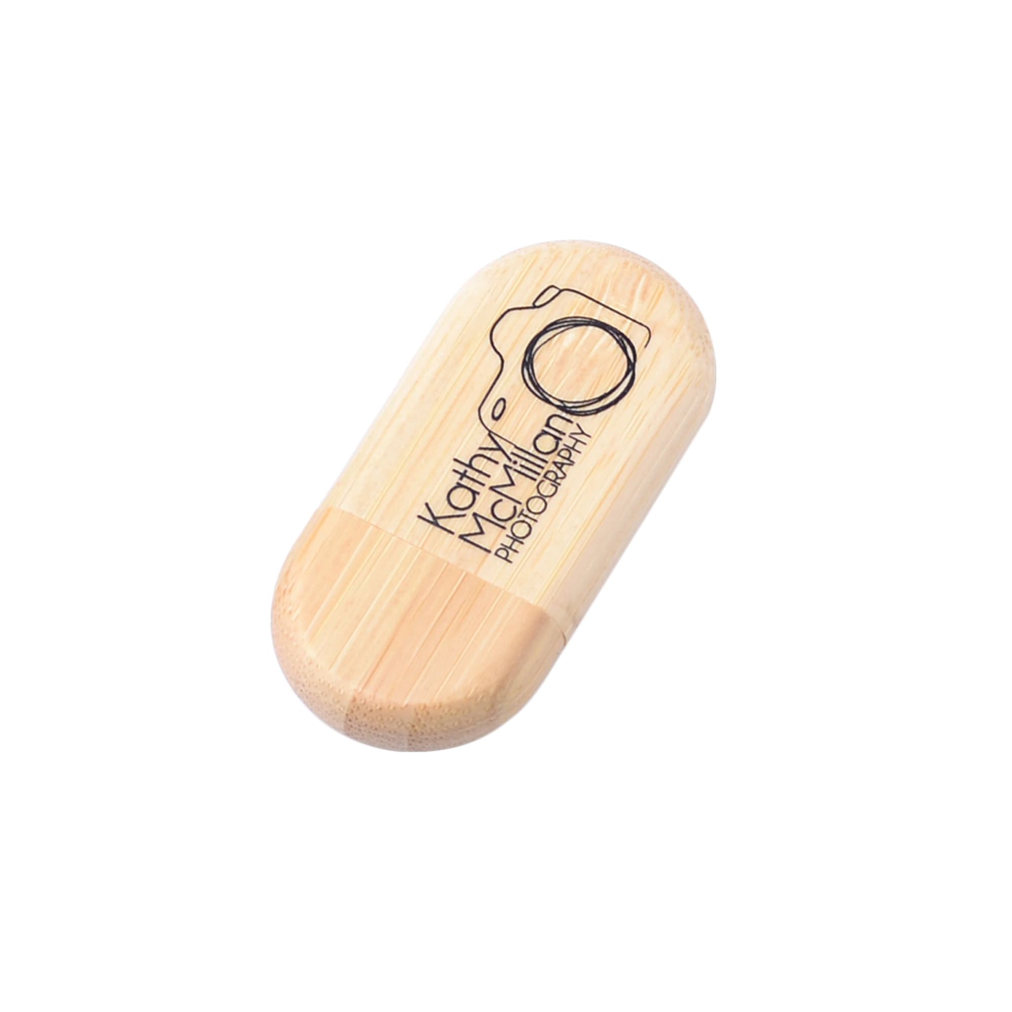 An oblong wood flash drive in natural wood tones with a logo design on the surface.