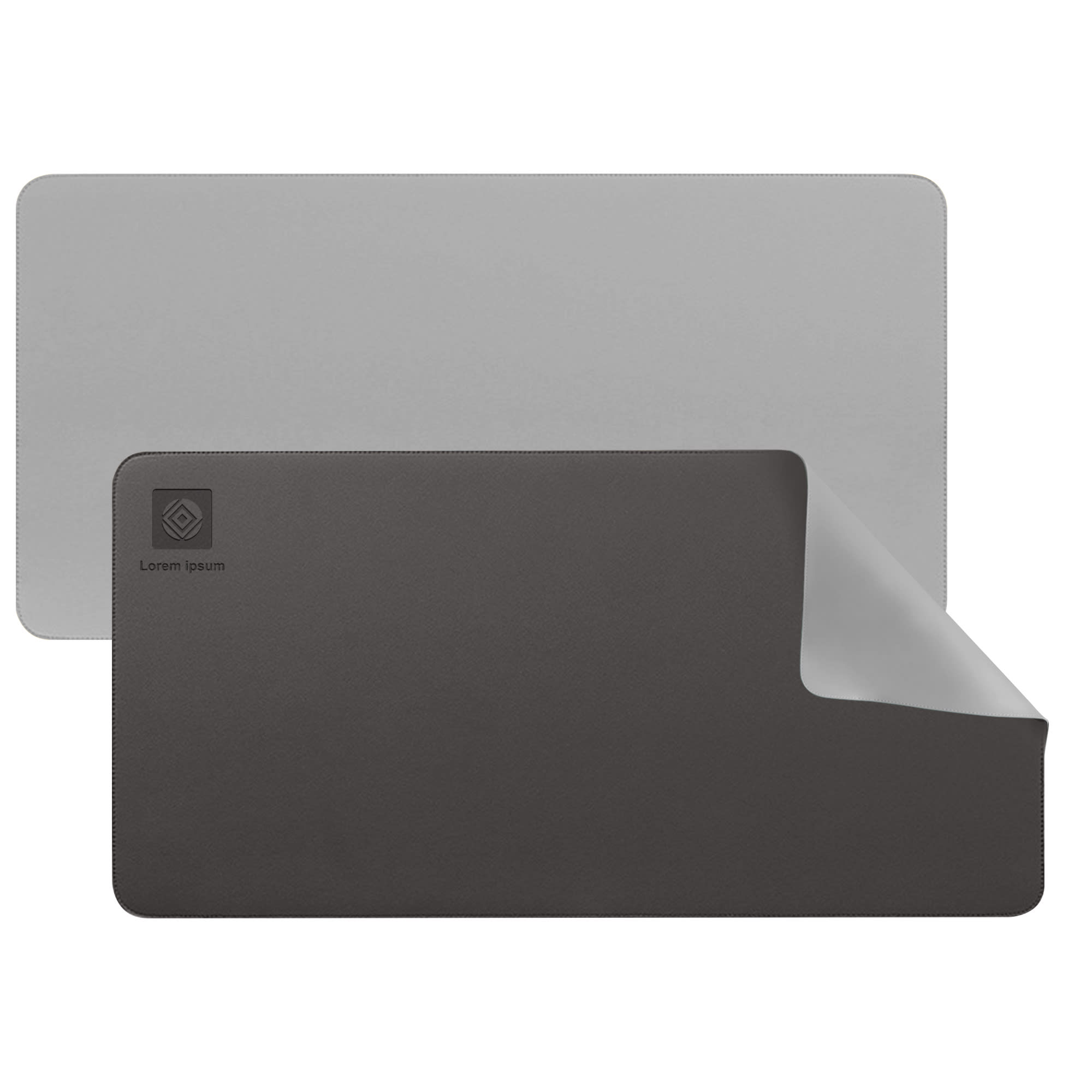 A PU leather desk mat featuring grey and black colours, with a logo in the corner and a smooth finish.