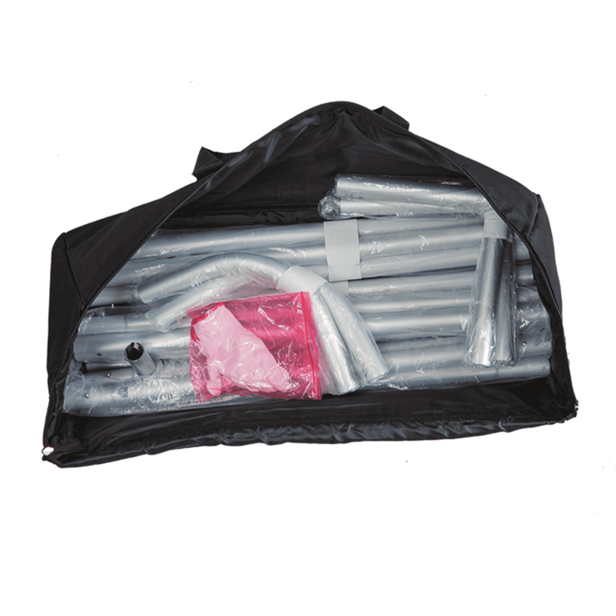 A black bag containing various grey poles and accessories for a curved fabric banner stand.