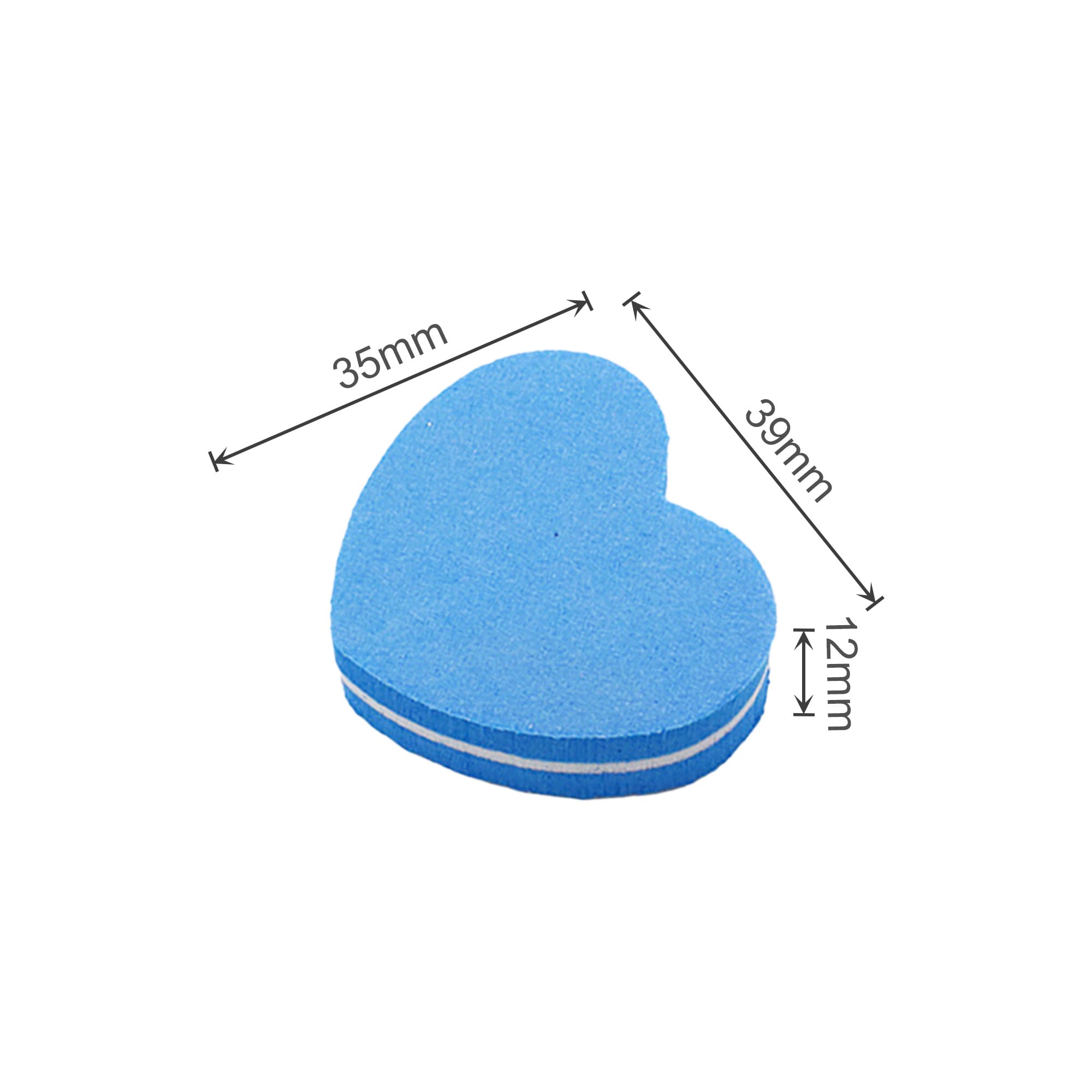 A pack of heart-shaped nail files in blue, featuring a white stripe, measuring 35mm by 39mm, stacked together.