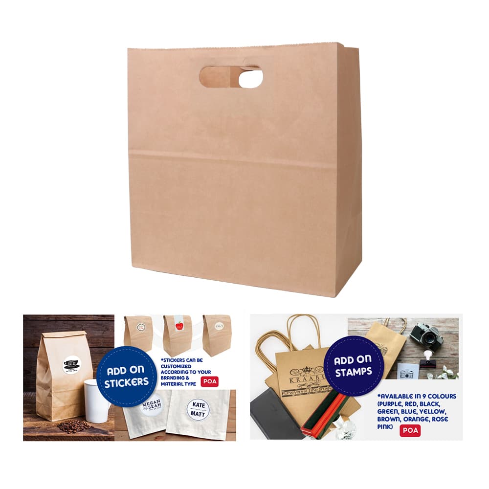 A brown kraft paper bag with a die-cut handle, featuring a simple design and a logo.