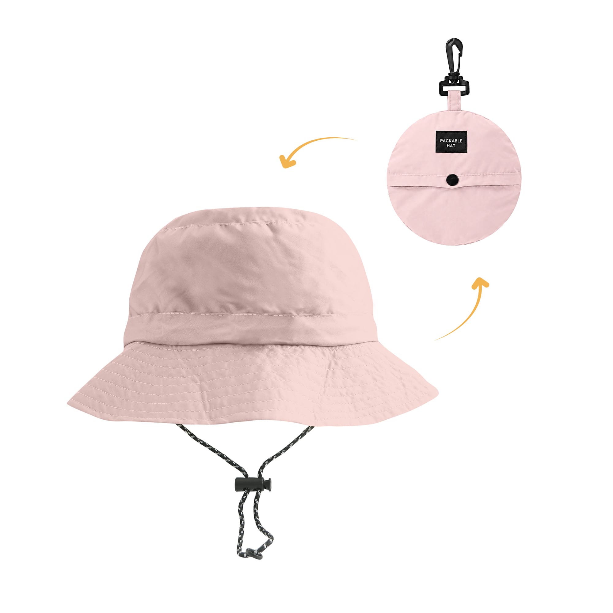 A pink foldable bucket hat with a chin strap and a logo, shown in both full and compact form.