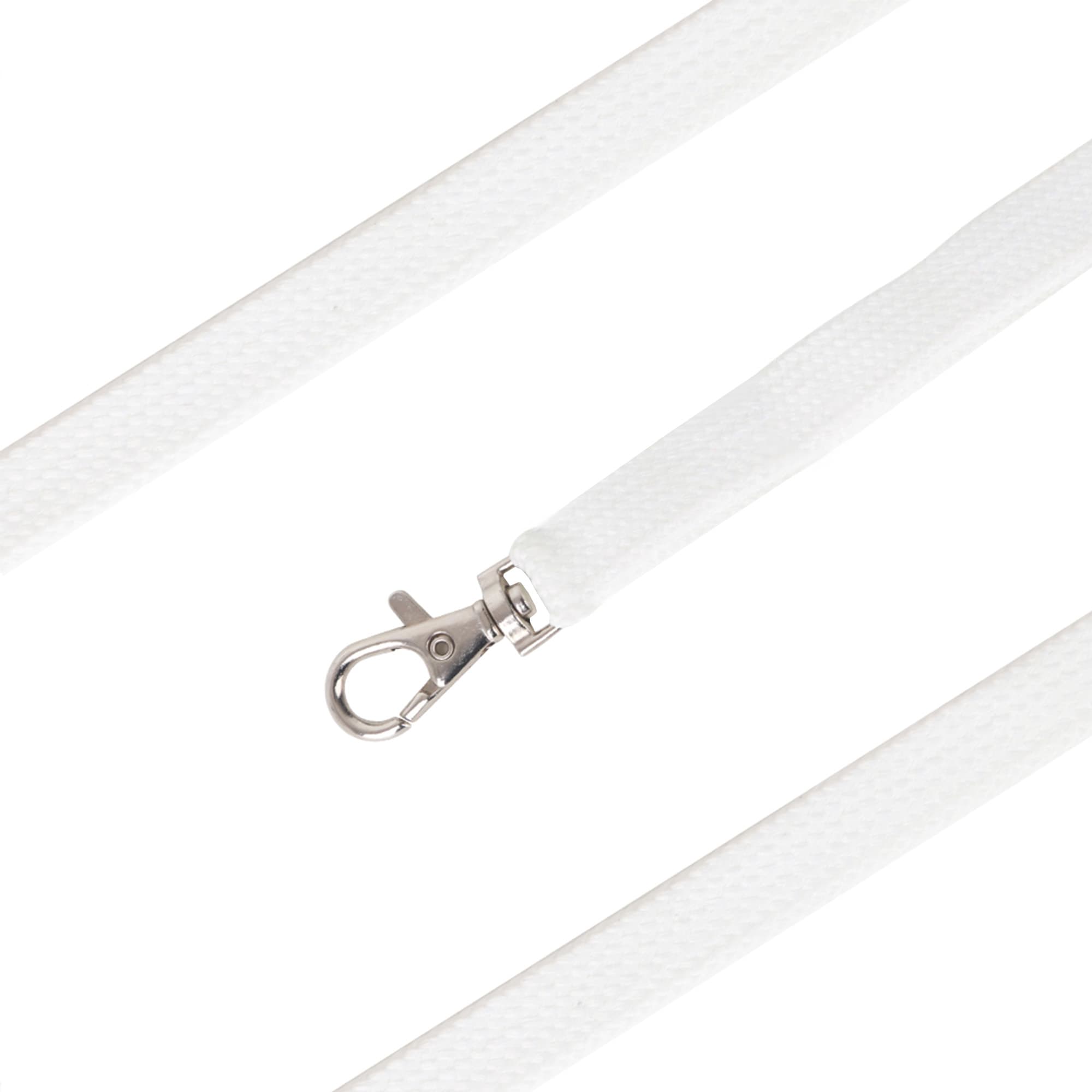 A white bootlace lanyard with a metal clasp. Features a simple, sleek design ideal for events.