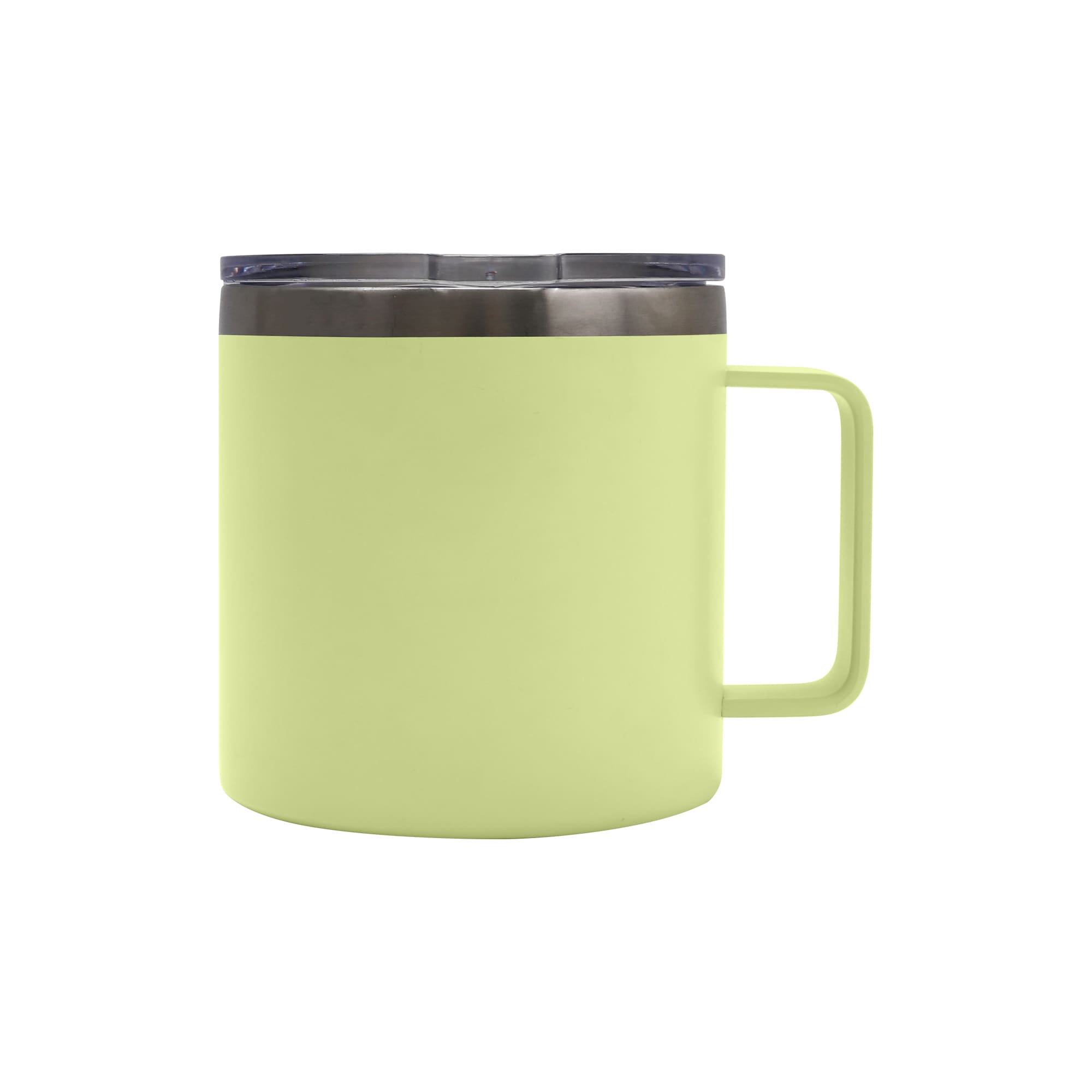 A drink bottle in a pastel green colour, made of stainless steel with a handle and a lid. It features a logo.