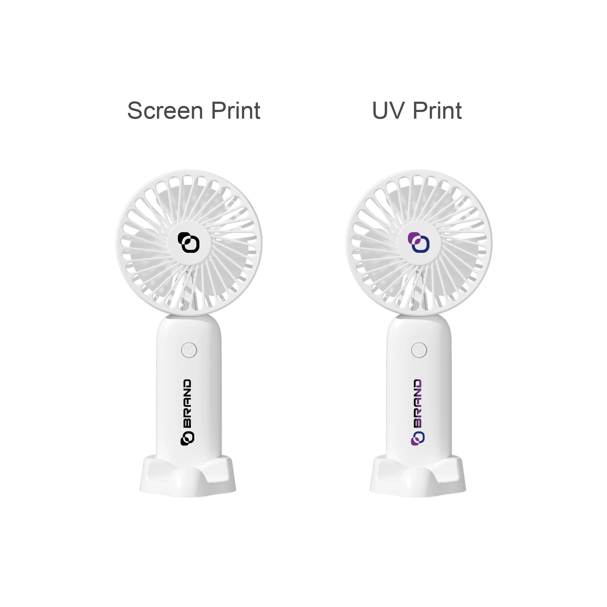 A handheld fan in white with a phone stand, featuring two print styles and a logo.