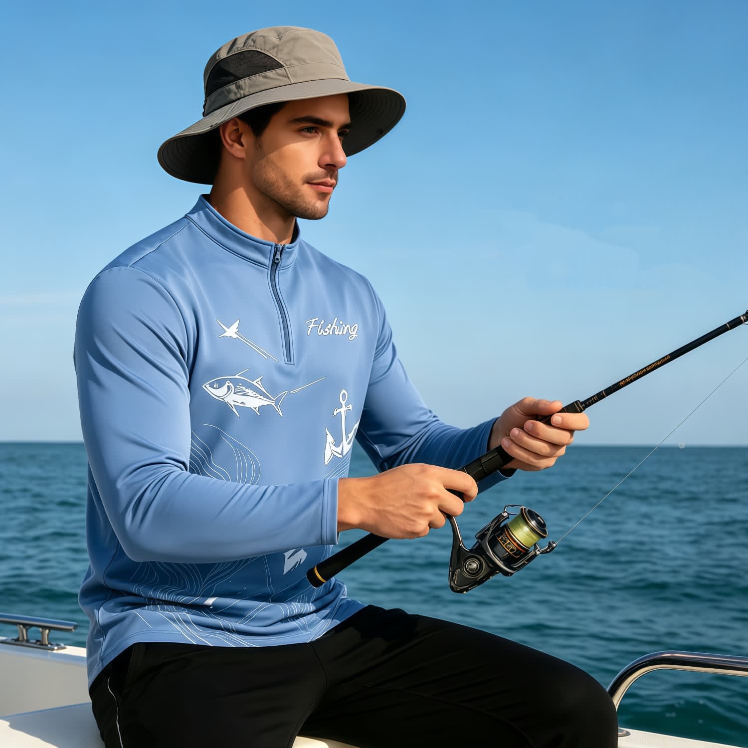 A man wearing a blue men's polyester spandex fishing pullover, sitting on a boat with a fishing rod.