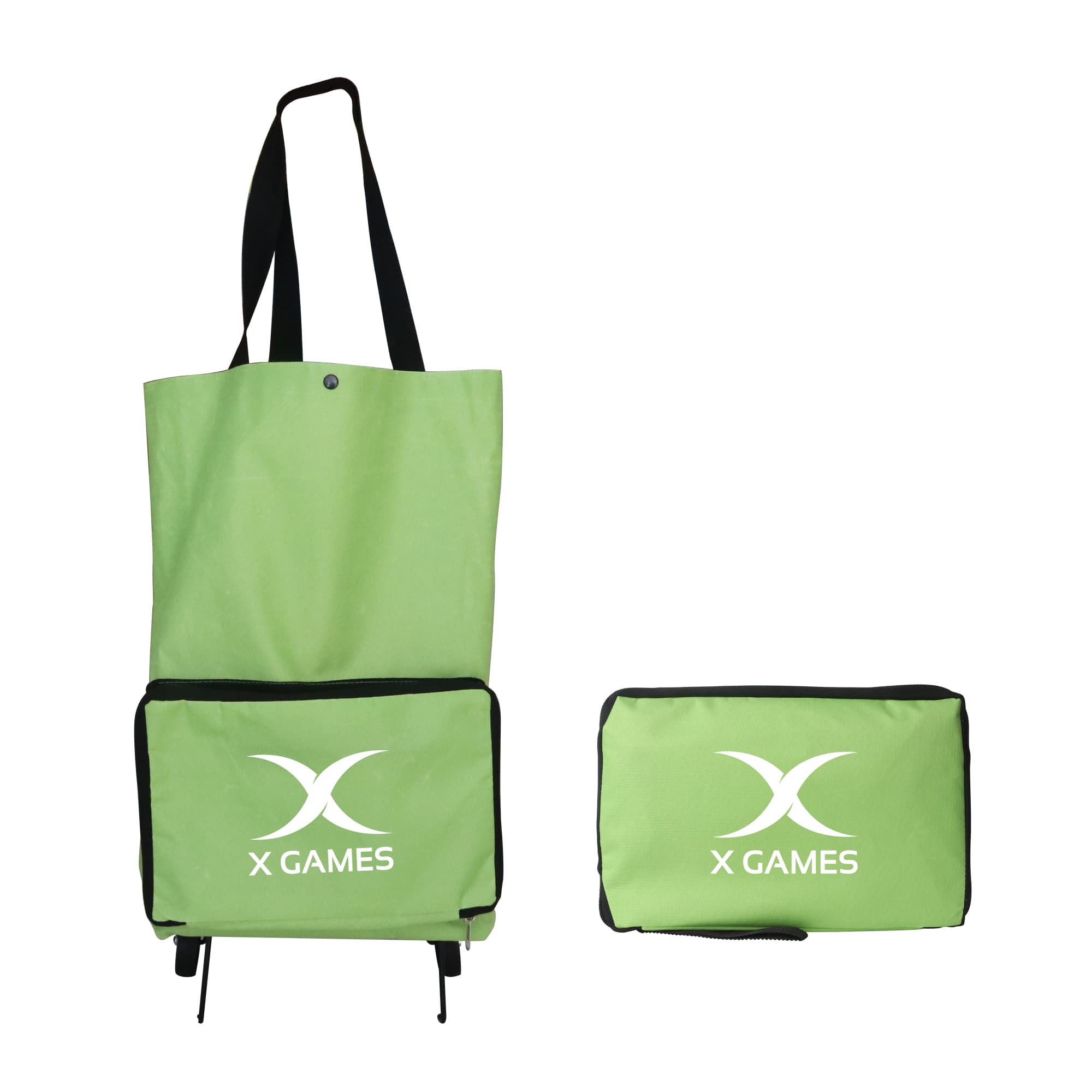 A green collapsible shopping trolley bag with a removable storage compartment and a logo.