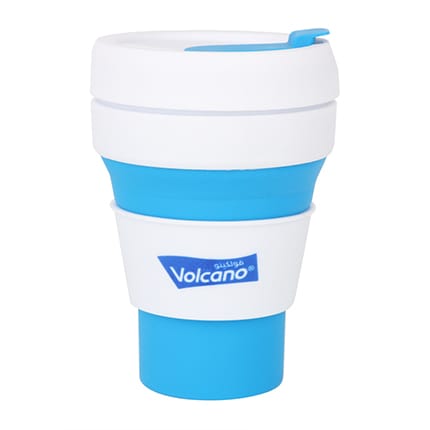 A collapsible silicone coffee cup in blue and white, featuring a logo. Ideal for reusable drinkware.