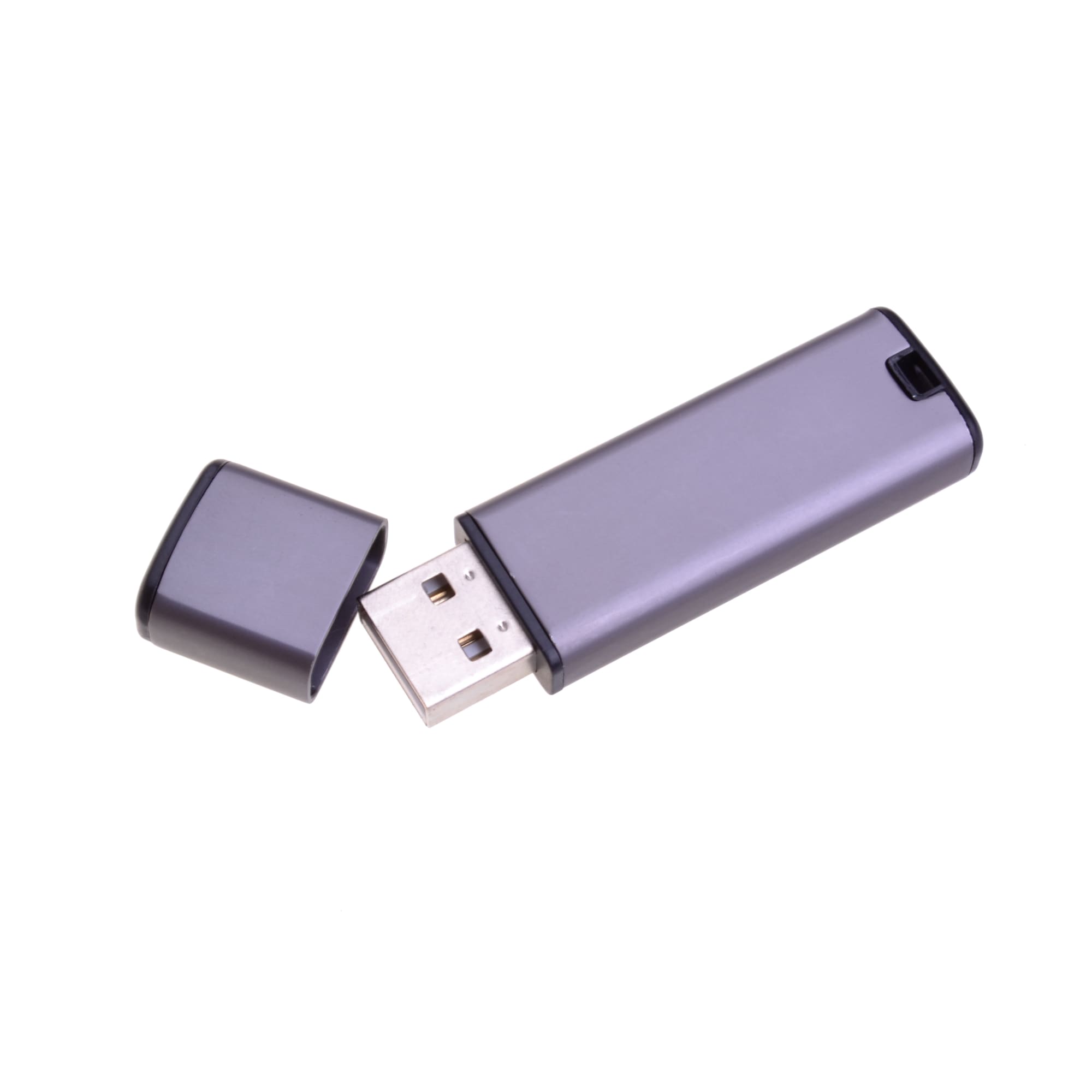 A grey flash drive with a removable cap, featuring a USB connector and a small branding logo.