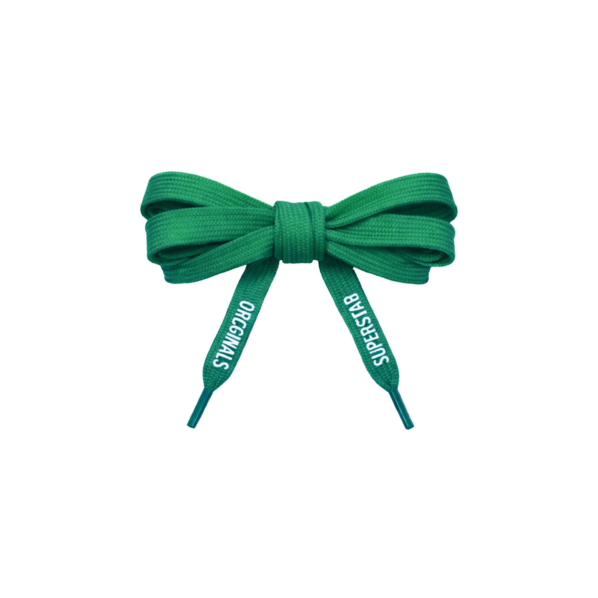 A pair of green custom shoe laces tied in a bow, featuring text on the ends and a logo.