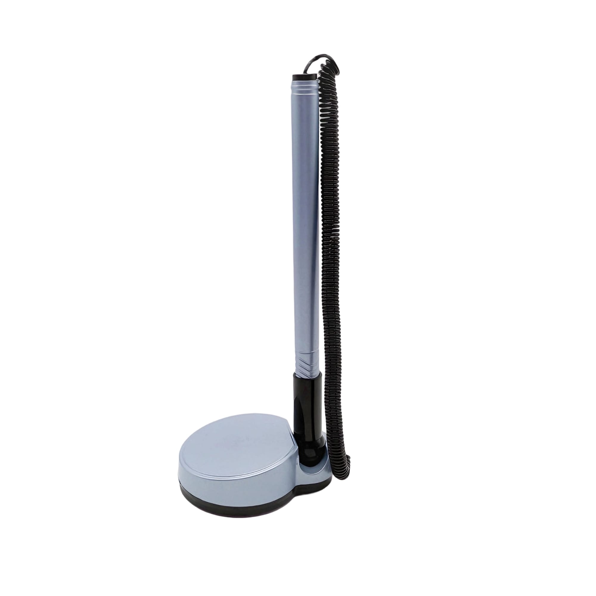A fixed signature pen with a silver barrel and a black base, featuring a coiled cord attached to the top.