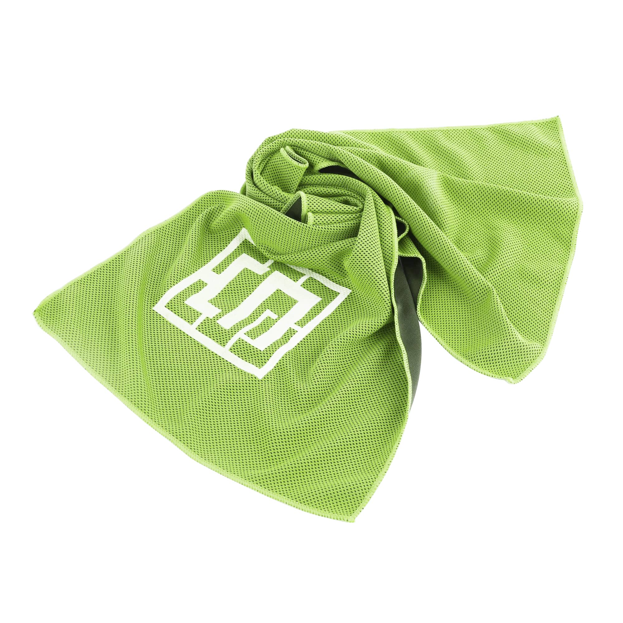 A green cooling towel with a logo, featuring a textured surface and lightweight design for outdoor activities.