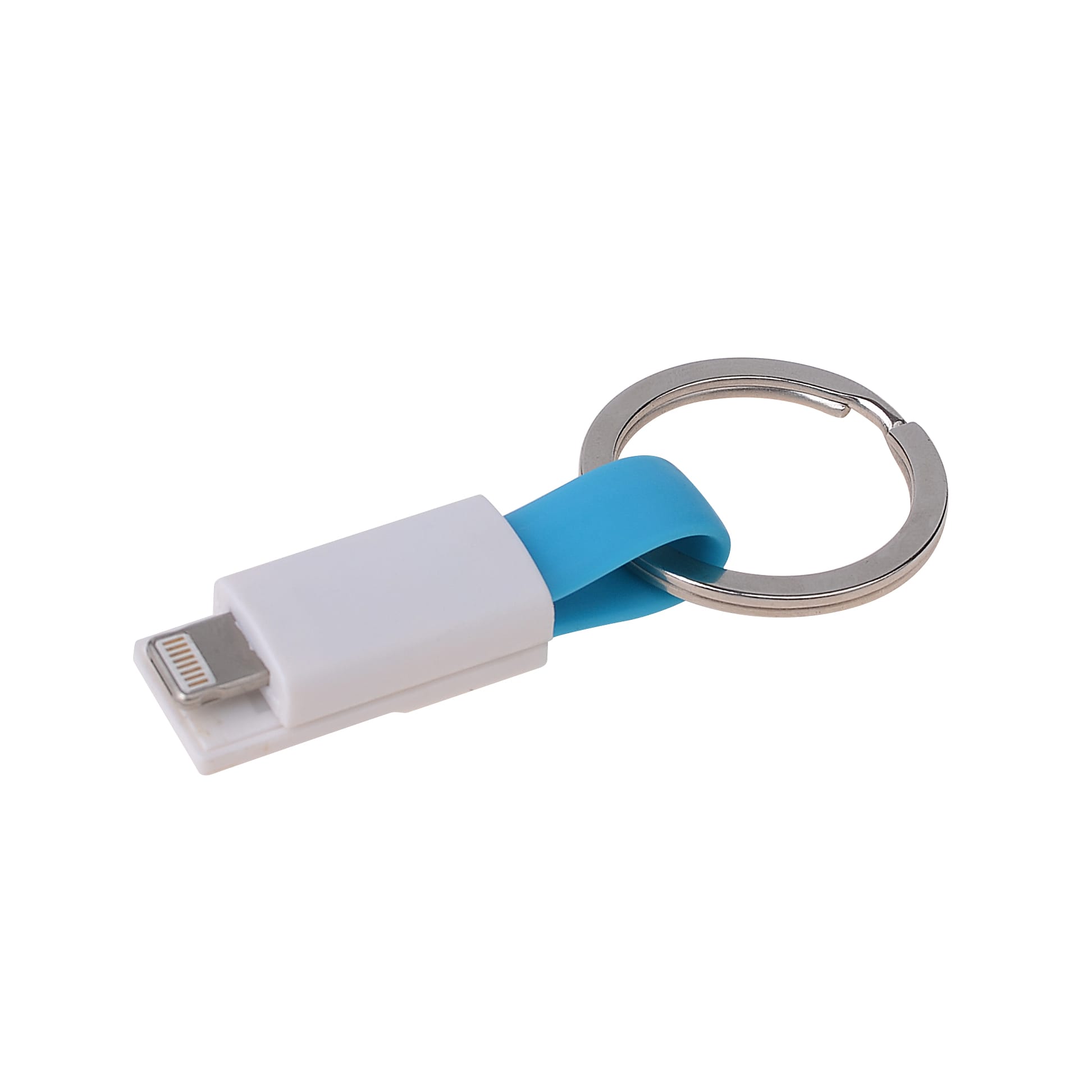 A white magnetic charging cable with a blue keyring attachment. It features a connector for charging devices.
